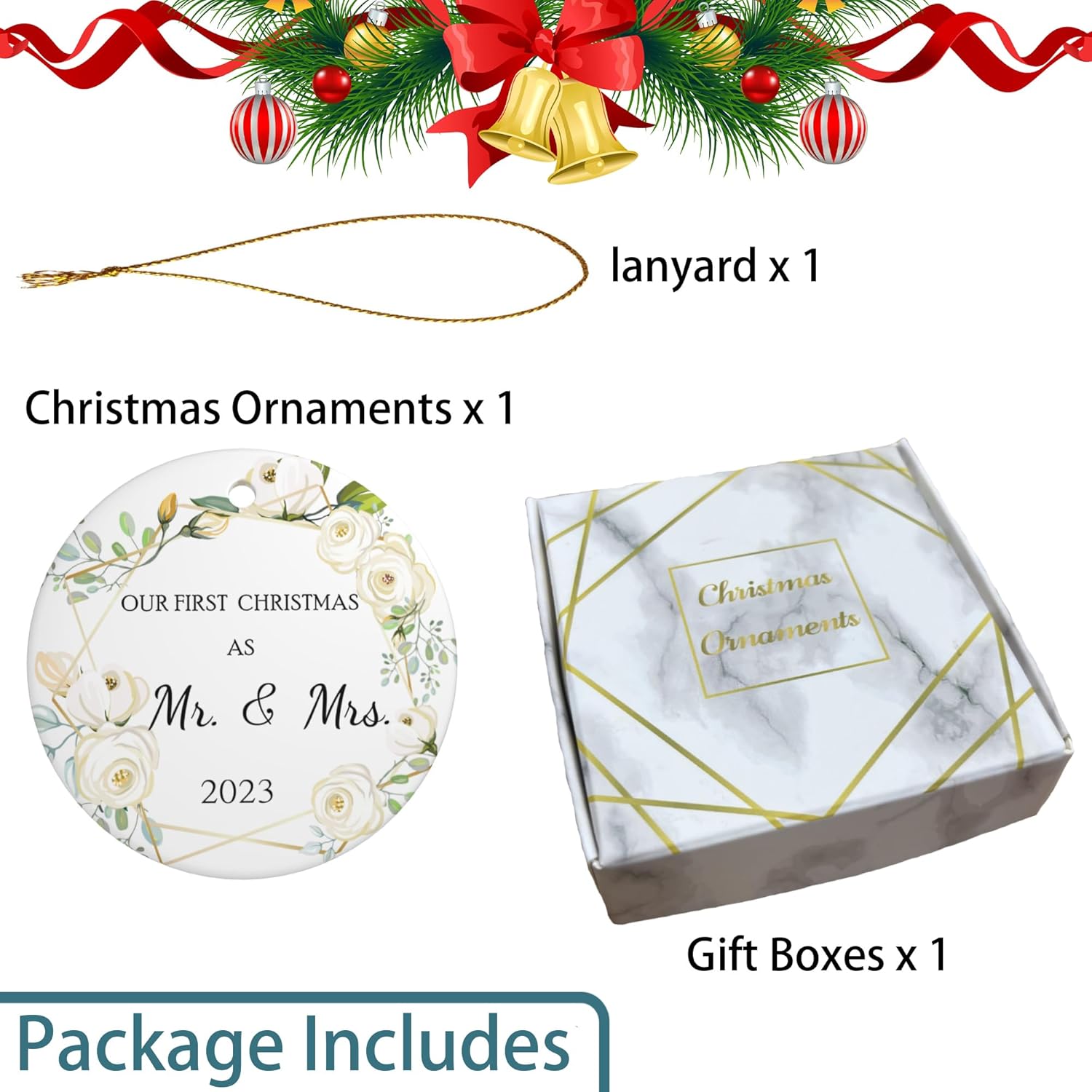 Adorno de boda de primer año con texto en inglés “Our First Christmas Married Ornament 2023”, decoración colgante de cerámica de 3 pulgadas para