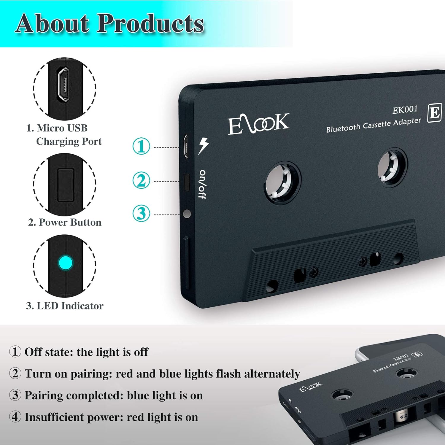 Elook Receptor de audio del coche, reproductor de adaptador auxiliar de la cinta del receptor del casete de Bluetooth con Bluetooth 5.0
