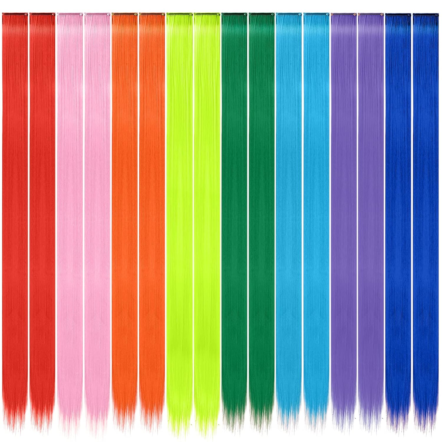 FESHFEN Extensiones de cabello de colores, 16 piezas de 8 colores arcoíris para mujer, extensiones de cabello lacio colorido con clip, disfraces de