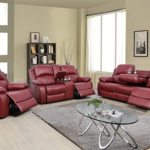 GS28XX – Juego de sofá reclinable de 3 piezas, tapicería de cuero regenerado, manual con mesa desplegable y consola central (rojo, 3 piezas) GS28XX – Juego de sofá reclinable de 3 piezas, tapicería de cuero regenerado, manual con mesa desplegable y consola central (rojo, 3 piezas)