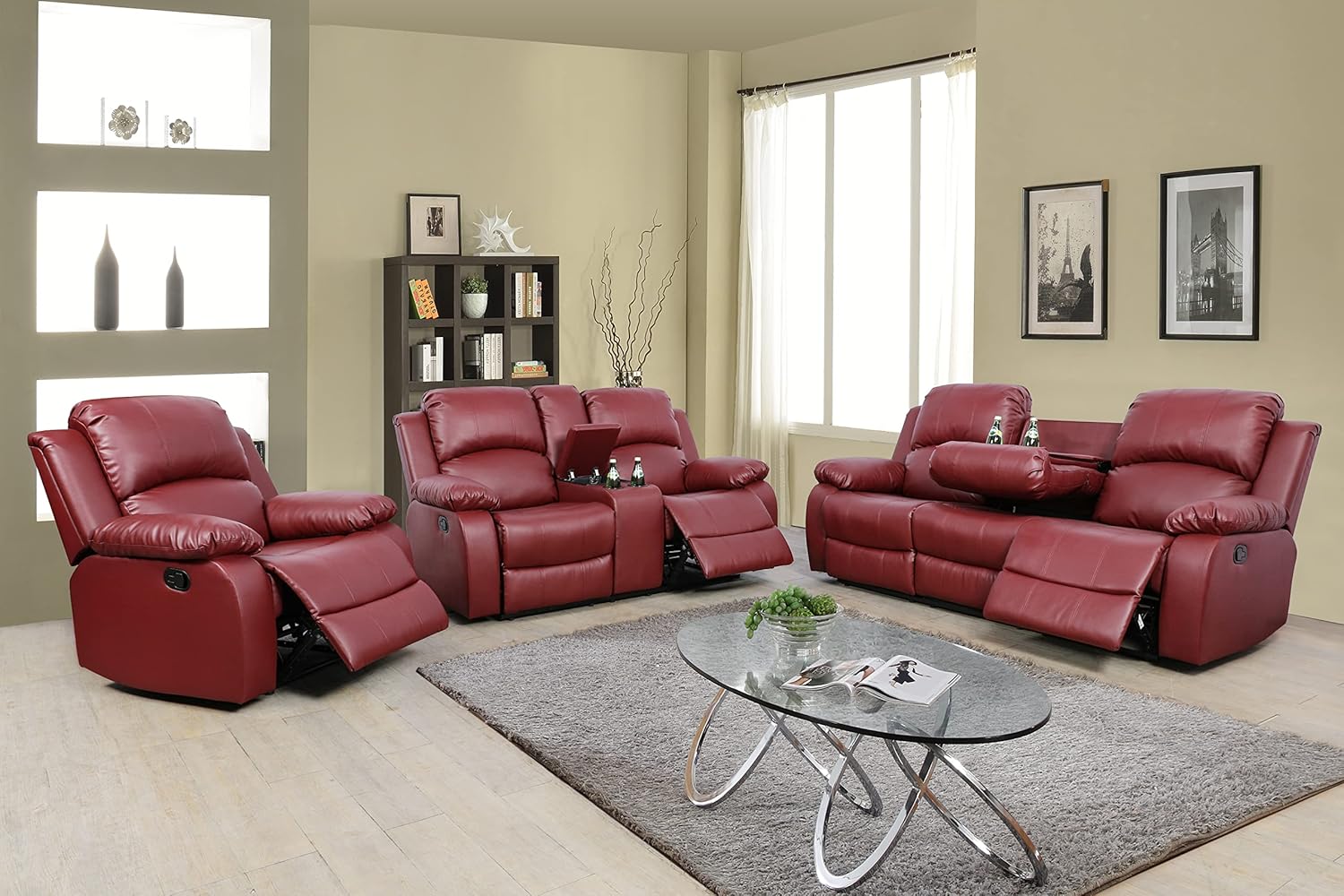 GS28XX – Juego de sofá reclinable de 3 piezas, tapicería de cuero regenerado, manual con mesa desplegable y consola central (rojo, 3 piezas)