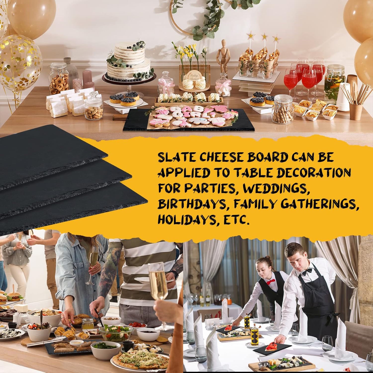 Didaey Juego de 18 tablas de pizarra negra para queso, platos de piedra para sushi, bandeja de queso de pizarra individual para Navidad, cortar,