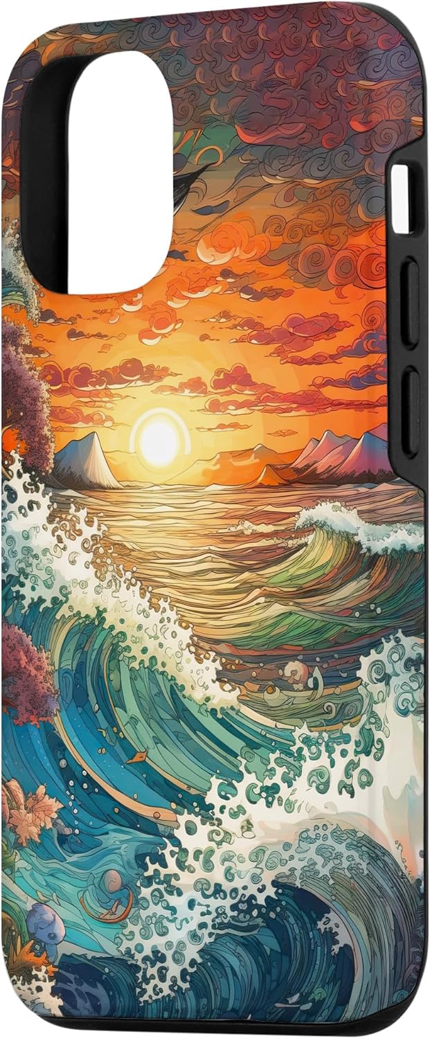 iPhone 13 Sunset Ocean Wave Pintura para amantes de la playa y funda de surfista