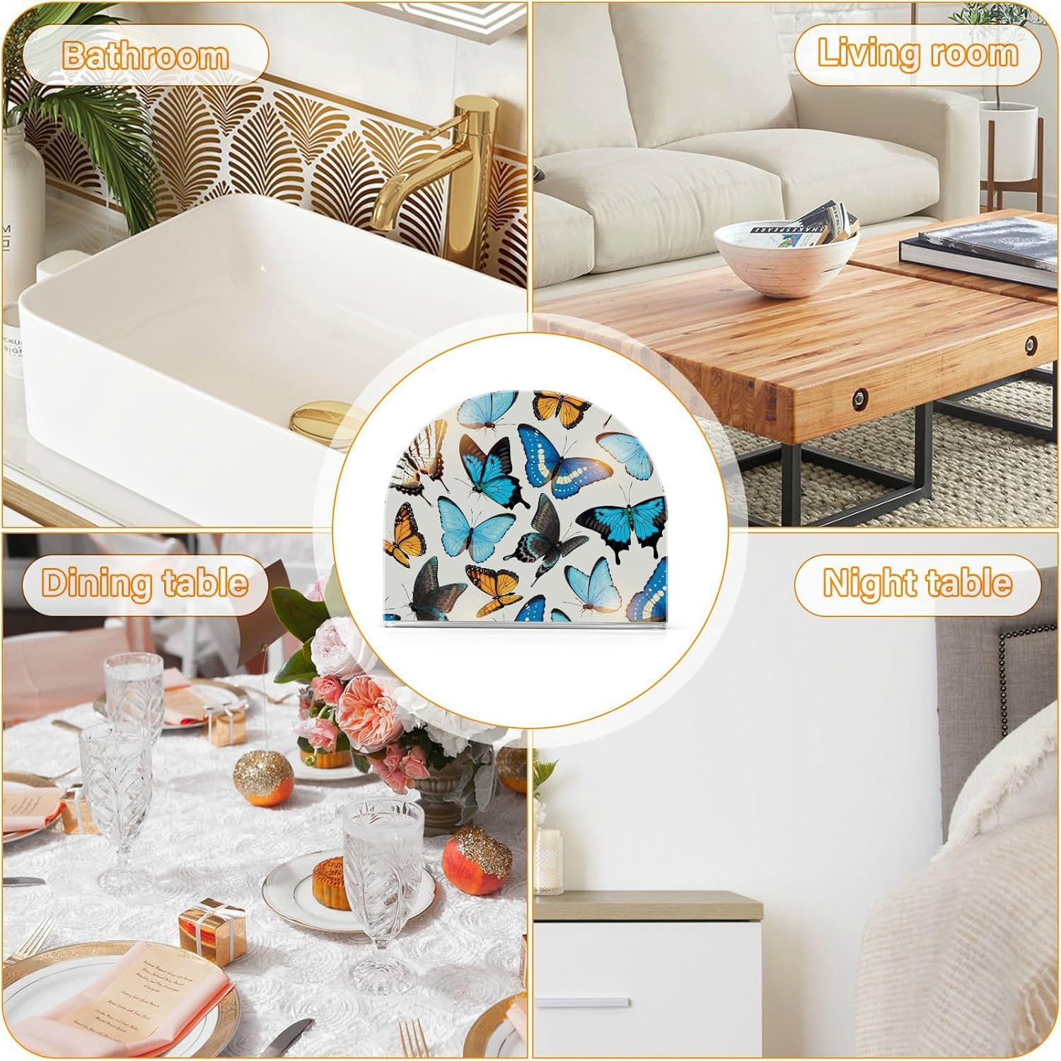 Hermoso soporte de servilleta de acrílico de mariposa transparente para mesa de cocina, soporte decorativo moderno para el hogar