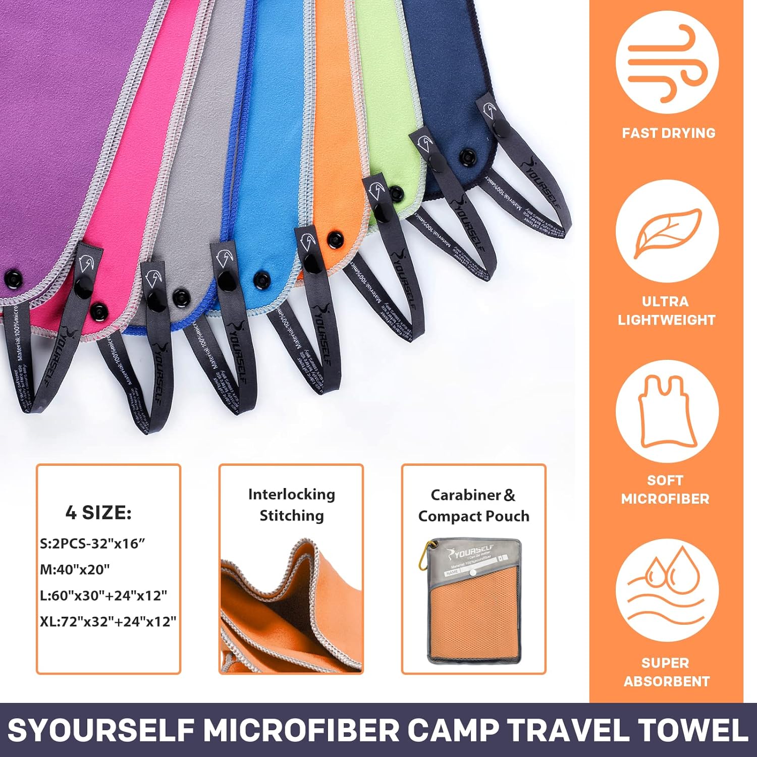 Toalla de microfibra para viajes y deportes Syourself, con formato de secado rápido, absorbente, compacta y suave, adecuada para yoga, gimnasio,