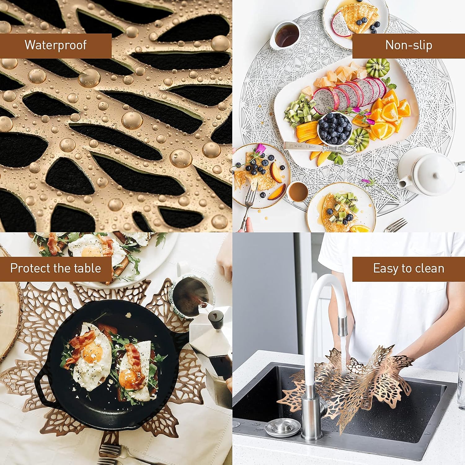 Juego de 4 manteles individuales redondos de plata para mesa de cena, de vinilo prensado, resistente al calor, decoración de mesa para mesa de boda,