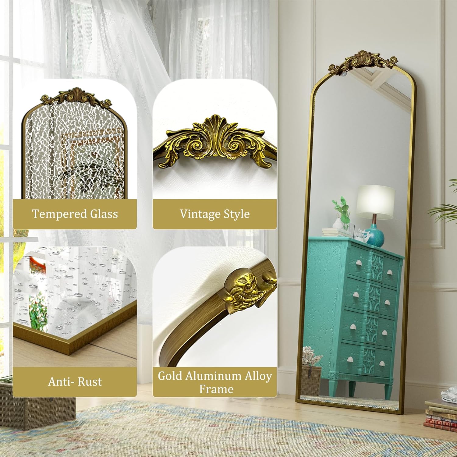 SMIROR Espejo de cuerpo entero con arco dorado de 72 x 32 pulgadas, de inspiración barroca, espejo vintage para pared, espejo de suelo adornado para