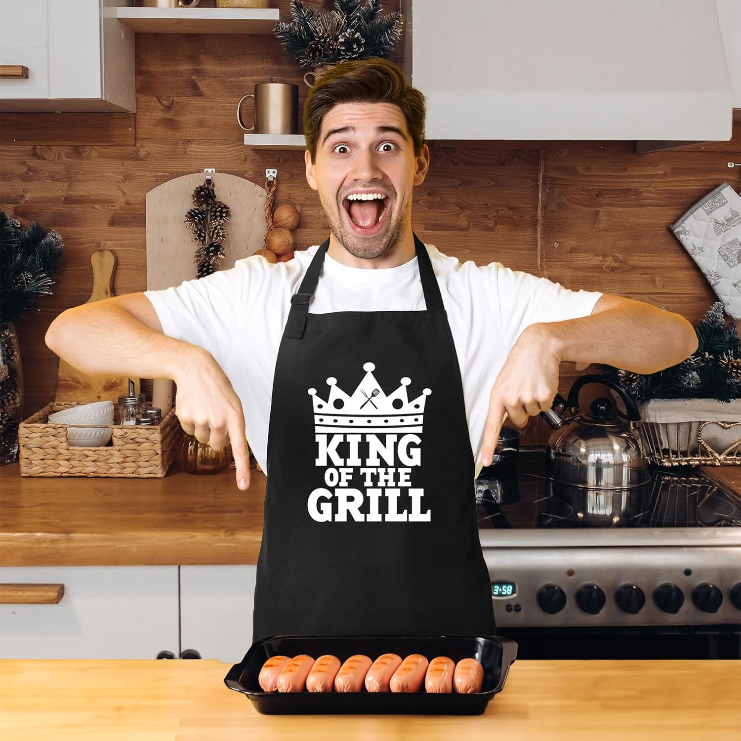 Delantales personalizados para barbacoa para hombres, divertido delantal de cocina para barbacoa en algodón negro, ajustable con 2 bolsillos, tamaño