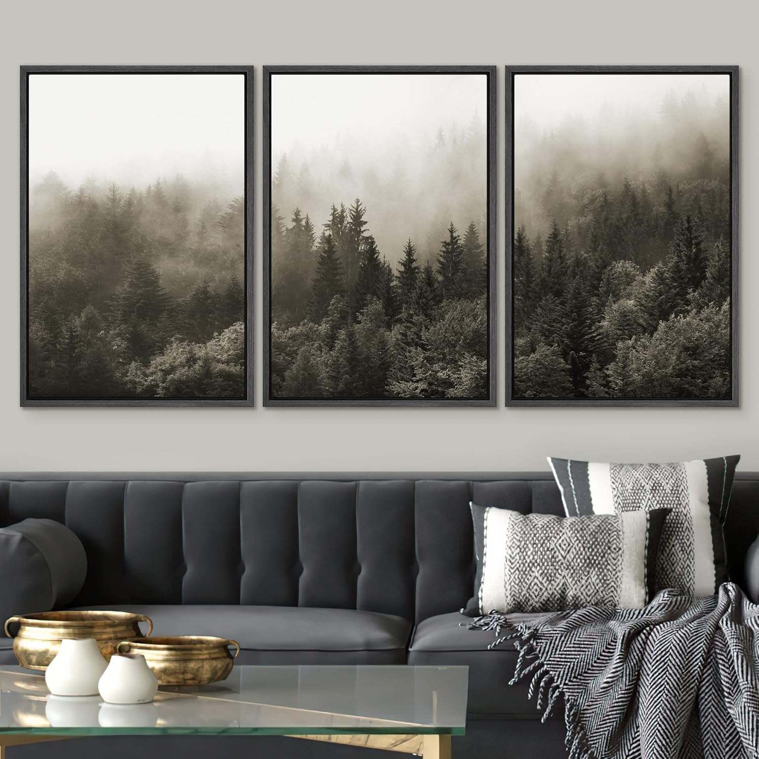 SIGNWIN Lienzo enmarcado para pared, juego de decoración de guardería de bosques, niebla y niebla sobre bosque de pinos azules, naturaleza, arte