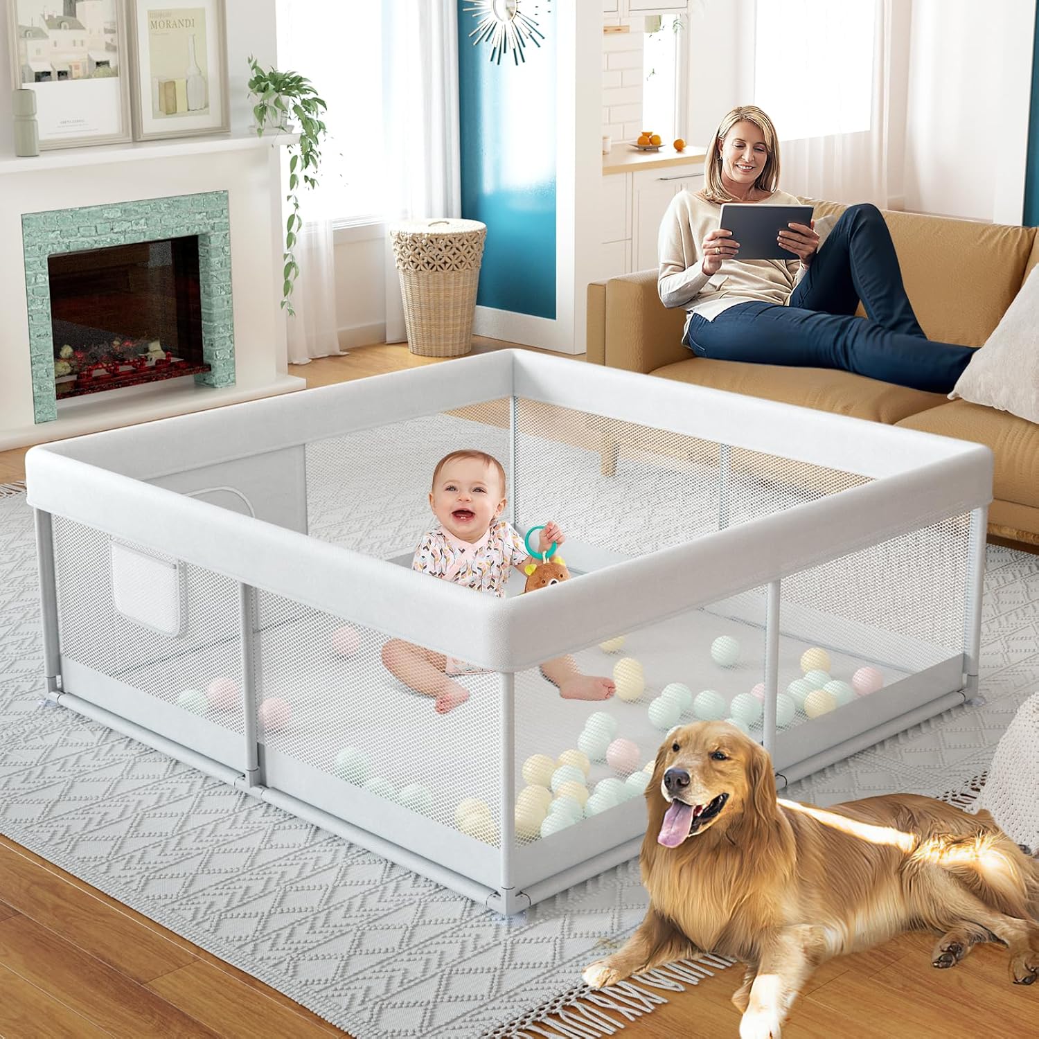 Fodoss Corralito para bebés, 47 x 47 pulgadas, corralito para bebés y niños pequeños, corralito pequeño para piso, corralito antideslizante de