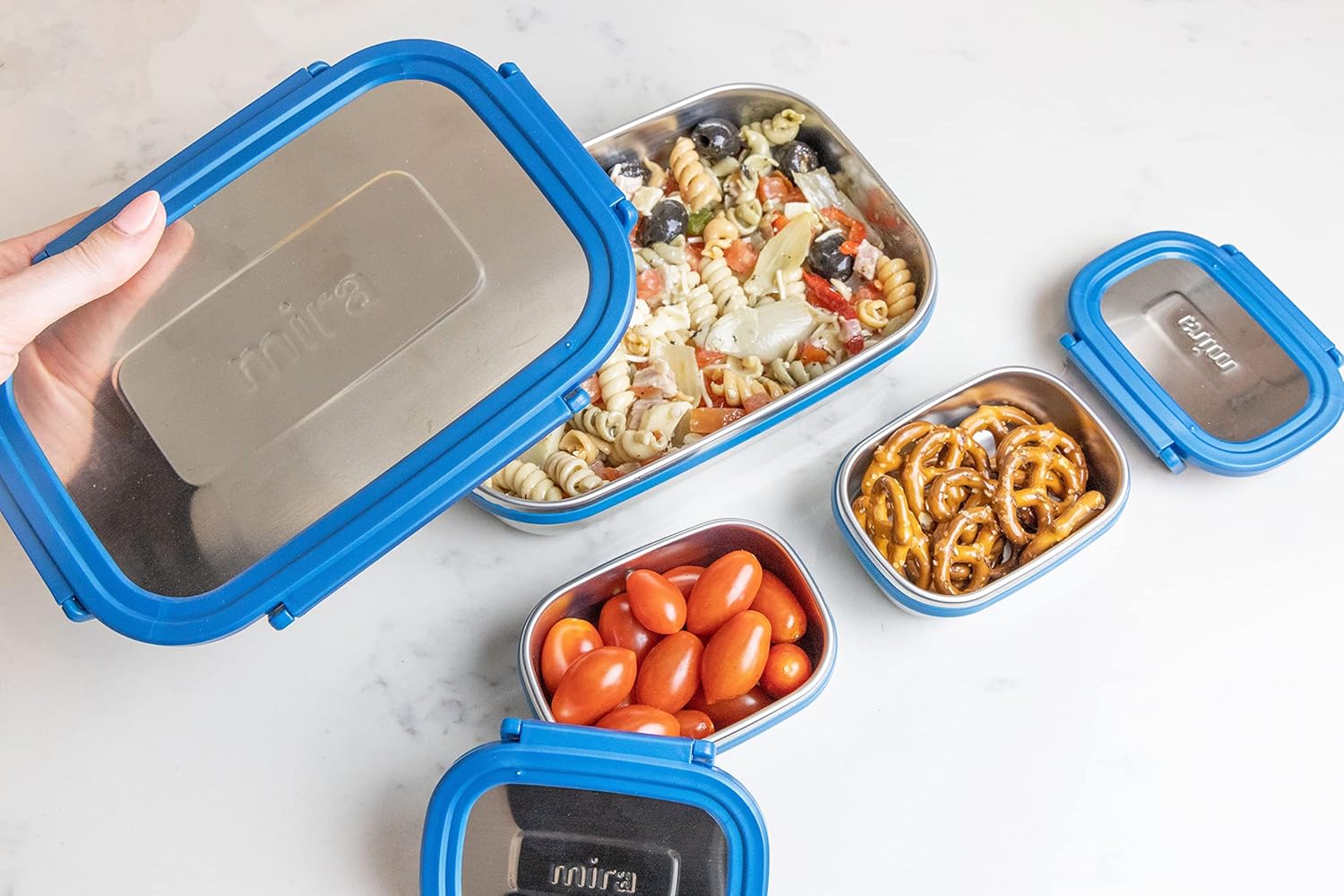MIRA Juego de 3 recipientes de almacenamiento de alimentos con tapas, recipientes reutilizables de acero inoxidable para almuerzo y anidación de