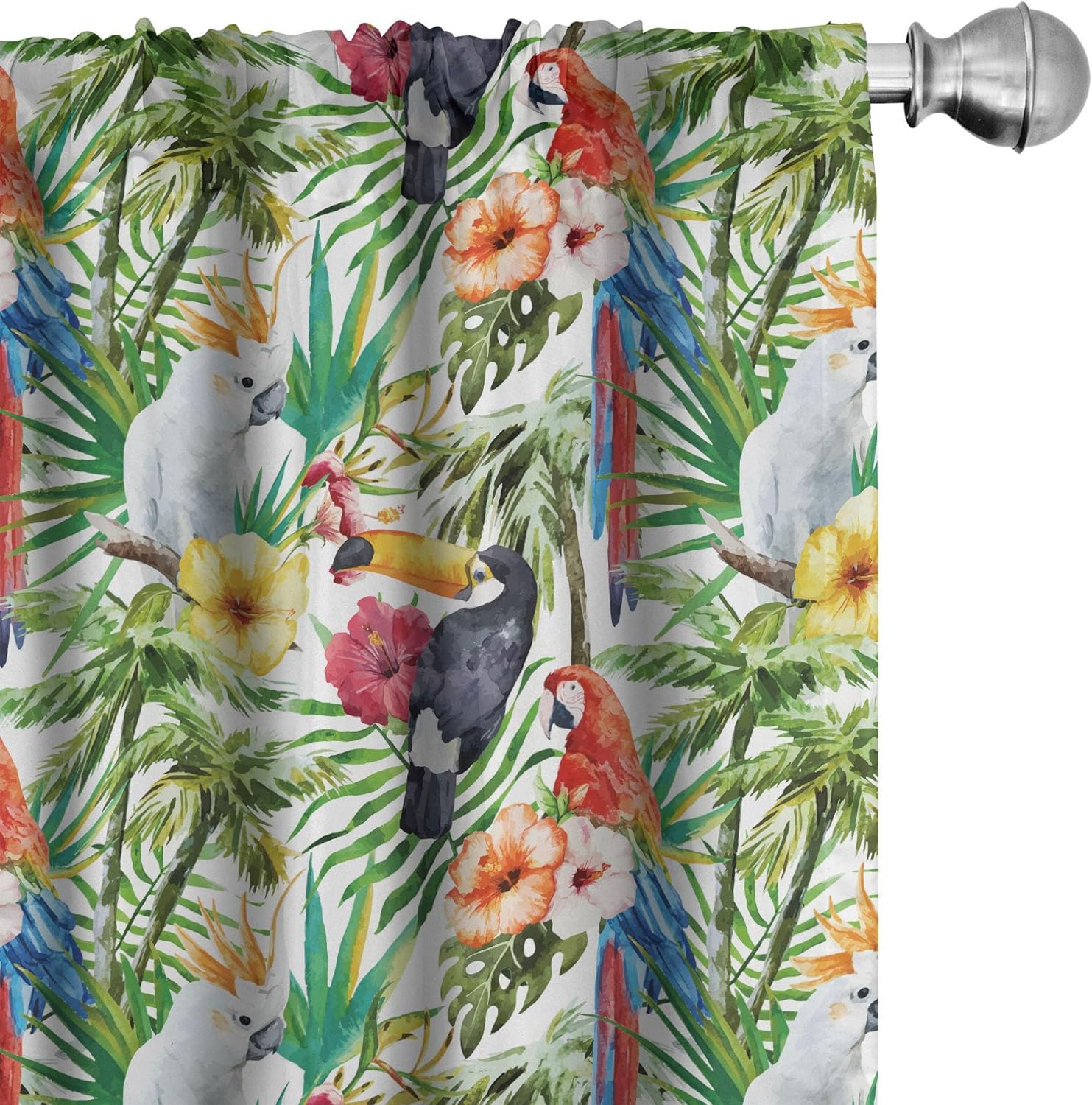 Lunarable Parrots Window Curtains, Watercolored Tropical Animals Toucans and Yellow Crested Cockatoo in The Jungle, Lightweight Decor 2-Panel Set