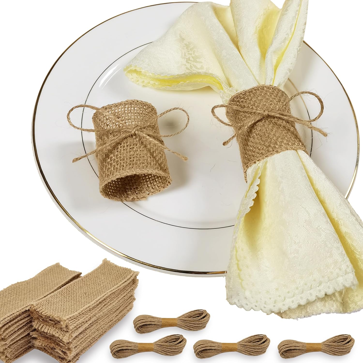Juego de 100 servilleteros de arpillera natural con cuerda de yute, servilletas desechables a granel, anillo rústico para mesas, decoraciones,