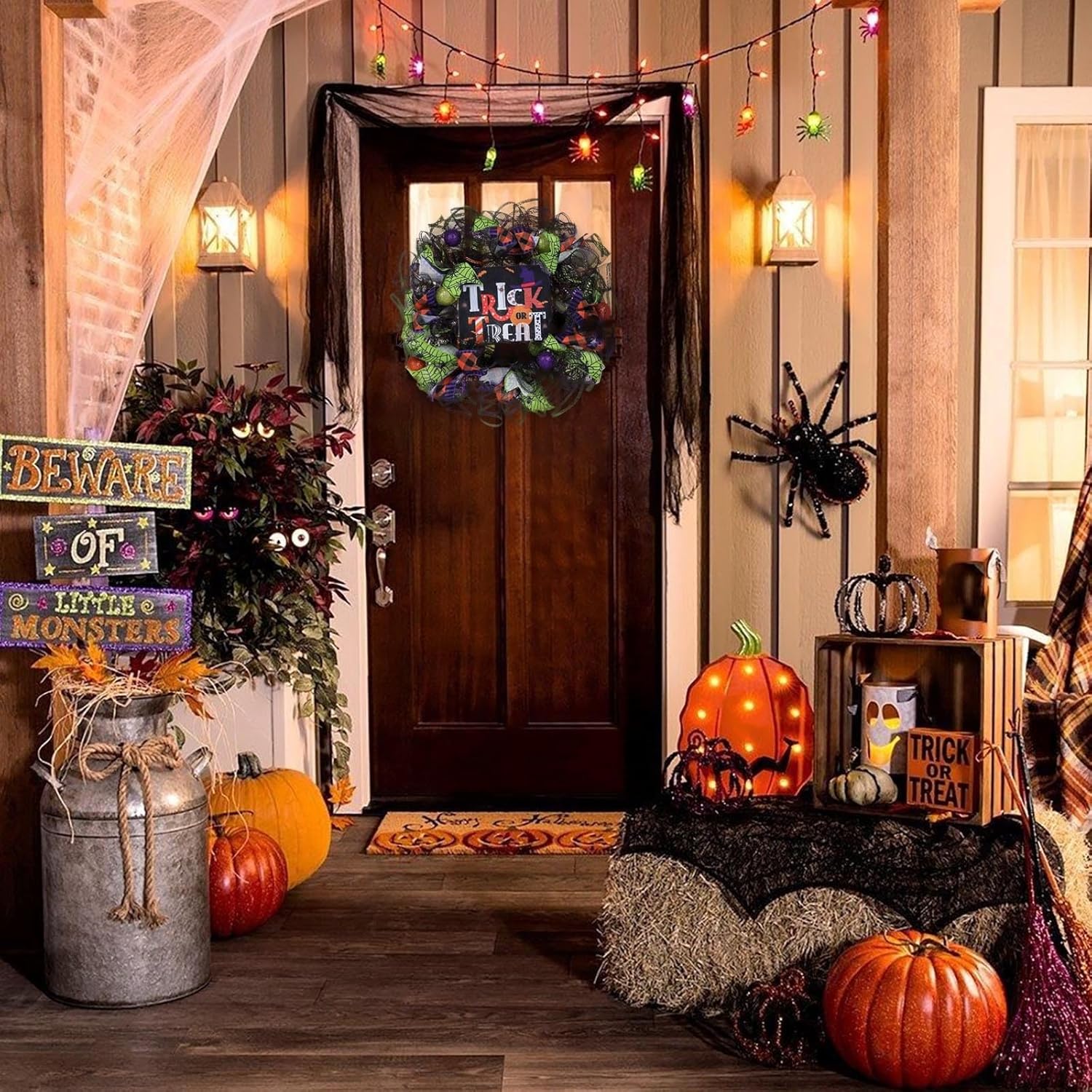 Coronas iluminadas para puerta delantera, Halloween, puerta delantera, celebración, granja, corona de bienvenida, colgador de puerta, decoración de