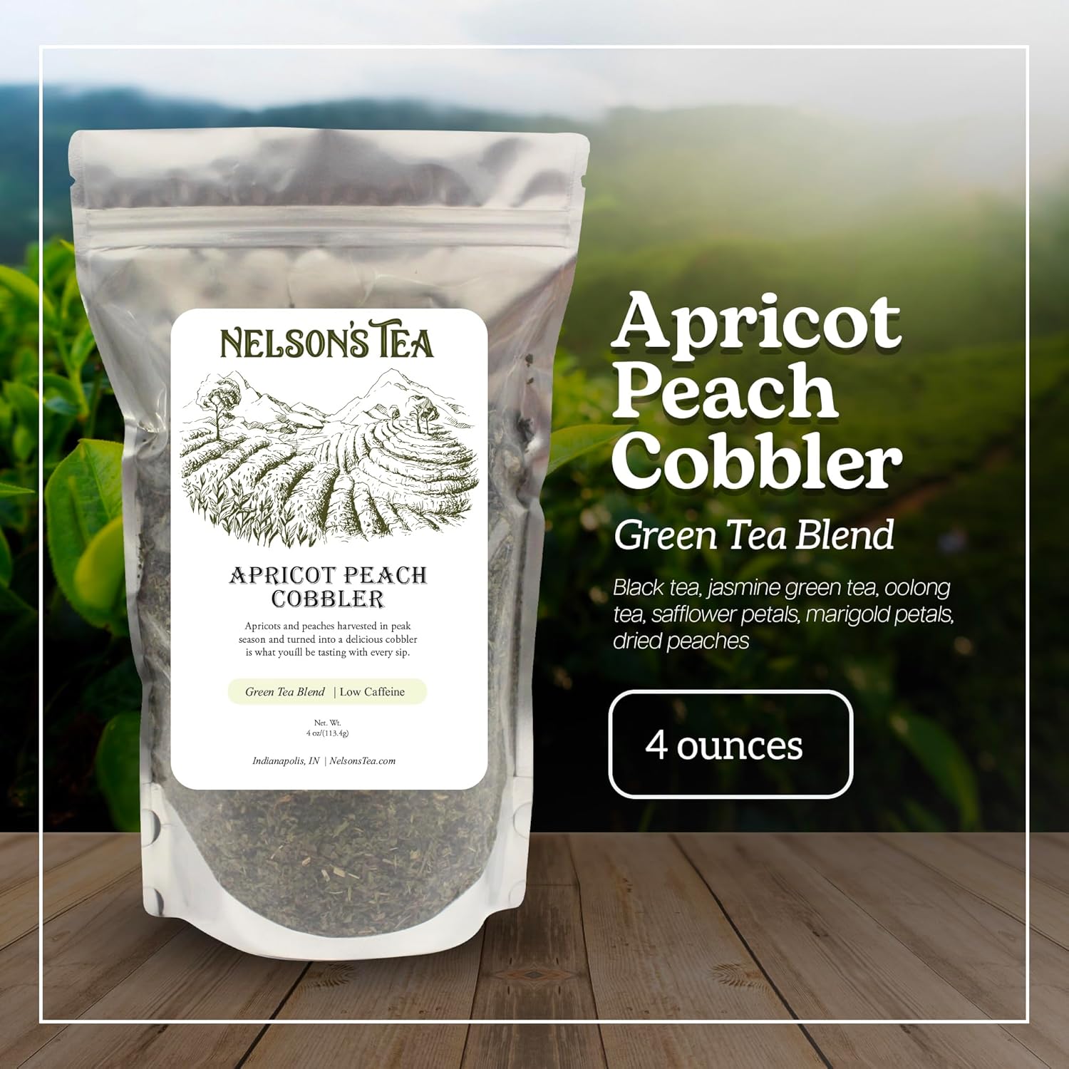 Nelson’s Tea Infusión de albaricoque melocotón Cobbler – Una sinfonía de té negro, verde jazmín y oolong  Delicadamente mejorado con sabor natural