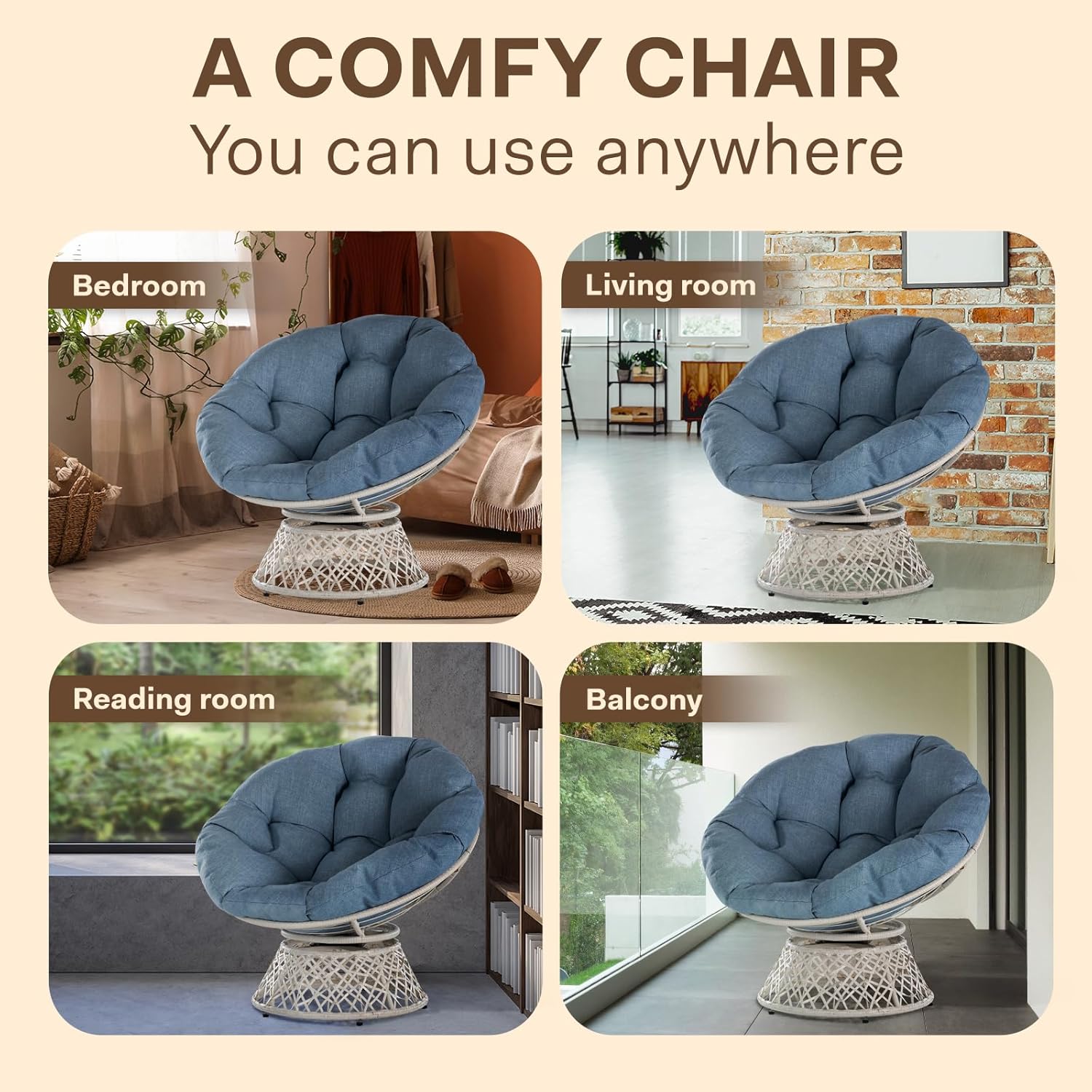 Bme Silla Papasan ergonómica de mimbre con cojín de tela de densidad gruesa suave, marco de acero de alta capacidad, giro de 360 grados para sala,