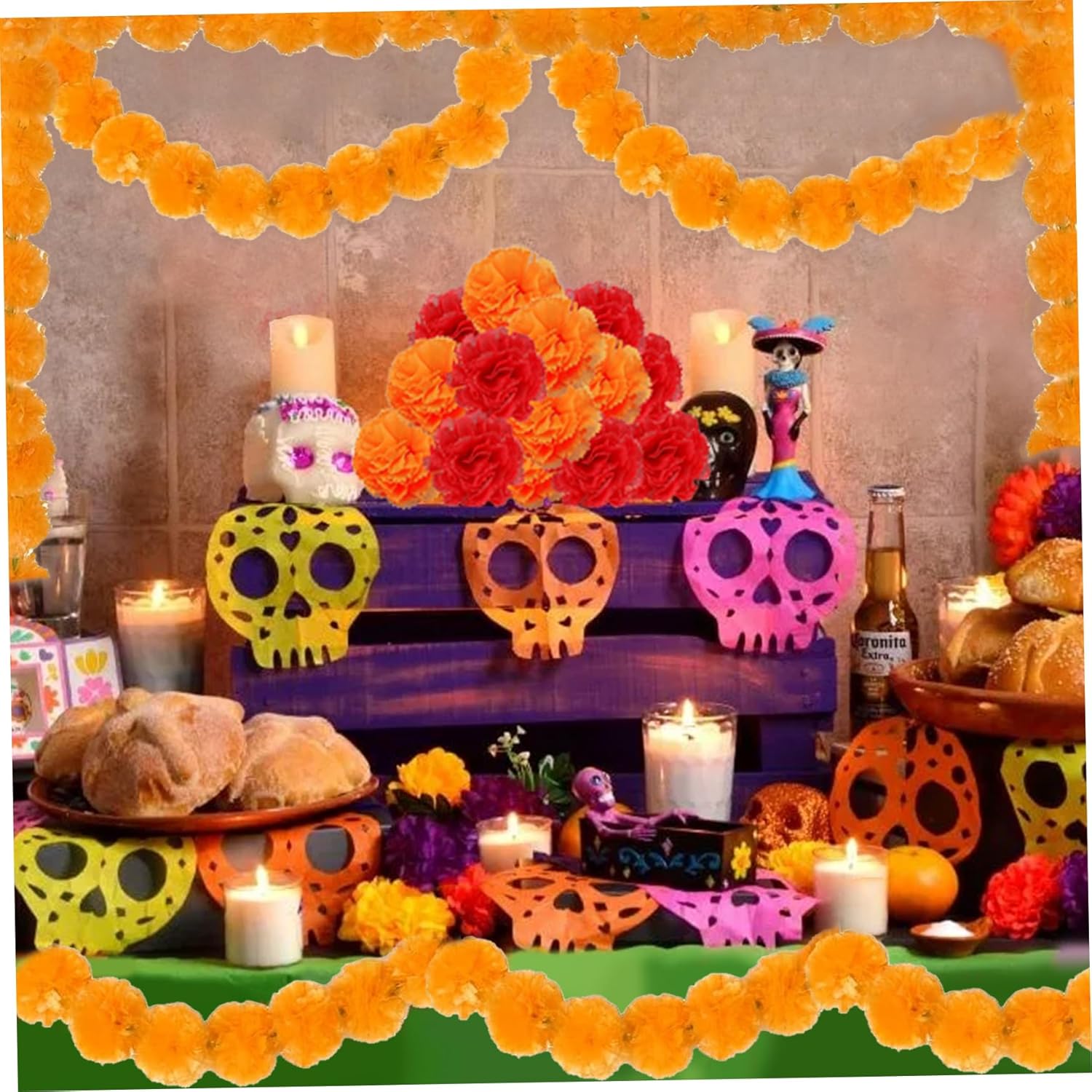 Guirnalda de flores de caléndula, 2 guirnaldas de caléndula de 9.85 pies con 20 luces LED, decoración de guirnalda del día de los muertos para