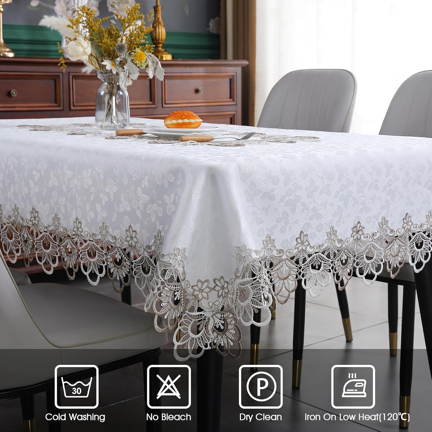 Lady Miranda Manteles blancos para mesas rectangulares de 55 x 86 pulgadas, mantel bordado impermeable y resistente a las arrugas, manteles de