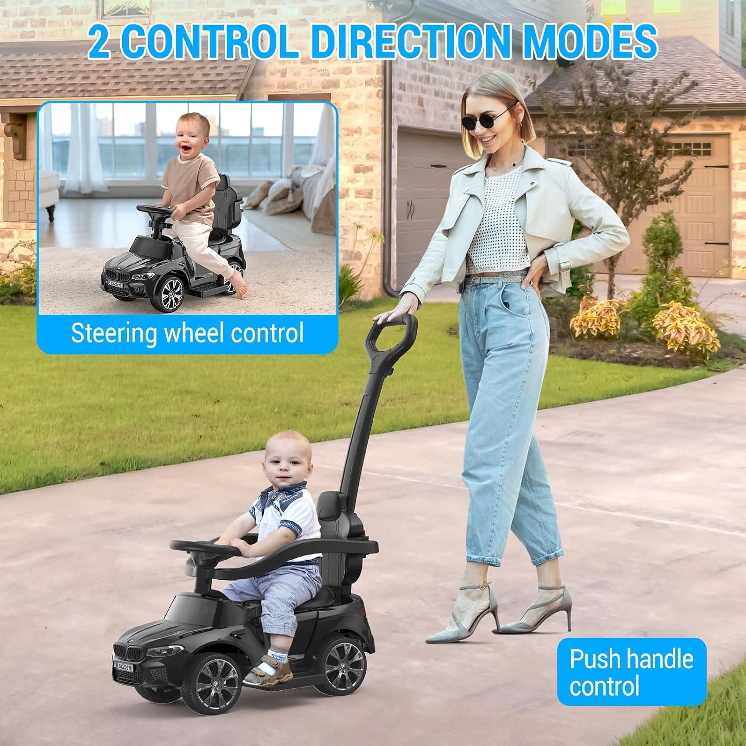 Autos de empuje para niños pequeños de 1 a 3 años, autos 4 en 1 con licencia BMW con bocina, música, luces LED y mango de empuje controlable (negro)