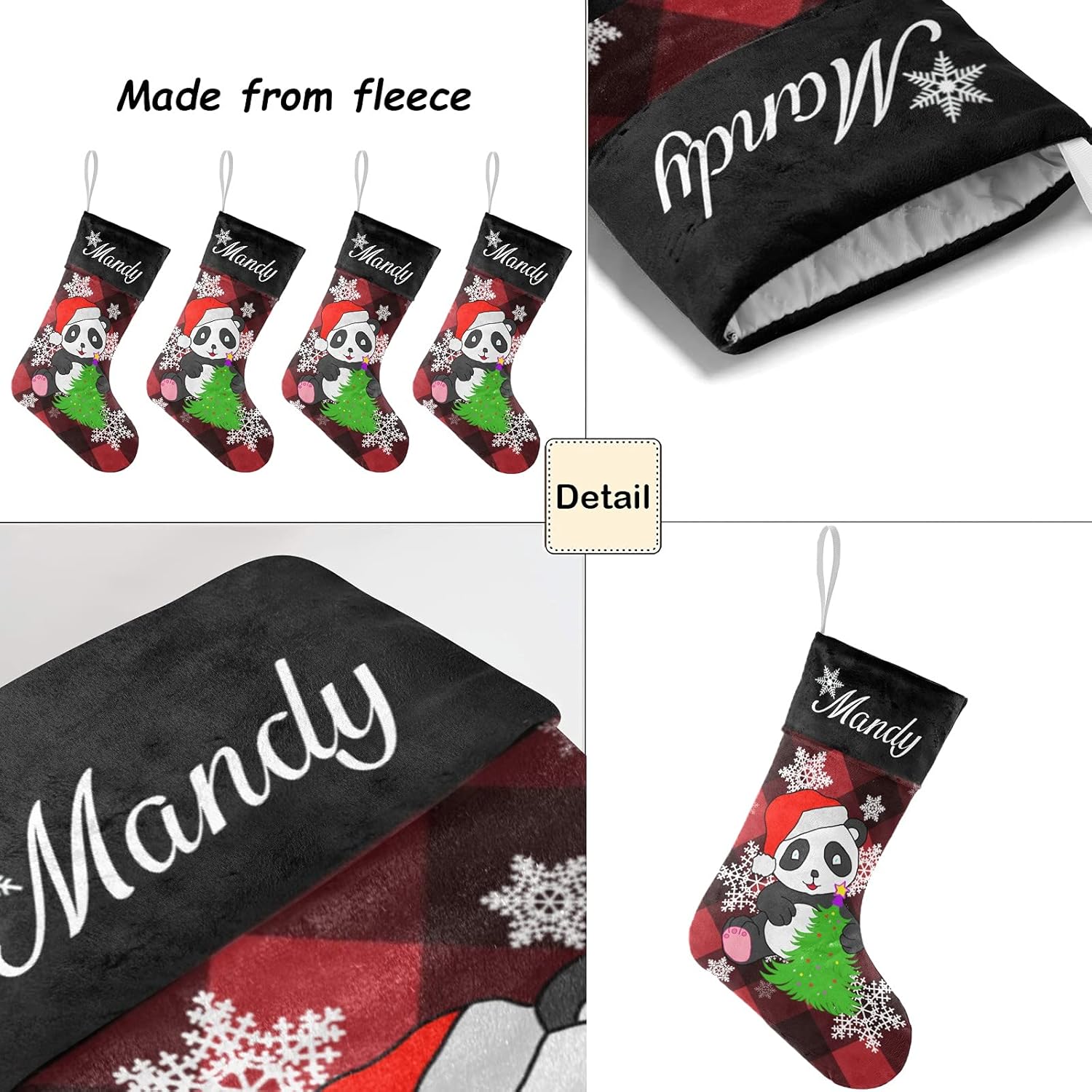 Calcetines de Navidad personalizados a cuadros negros y rojos y lindos pandas con nombre, medias de Navidad personalizadas para decoración de