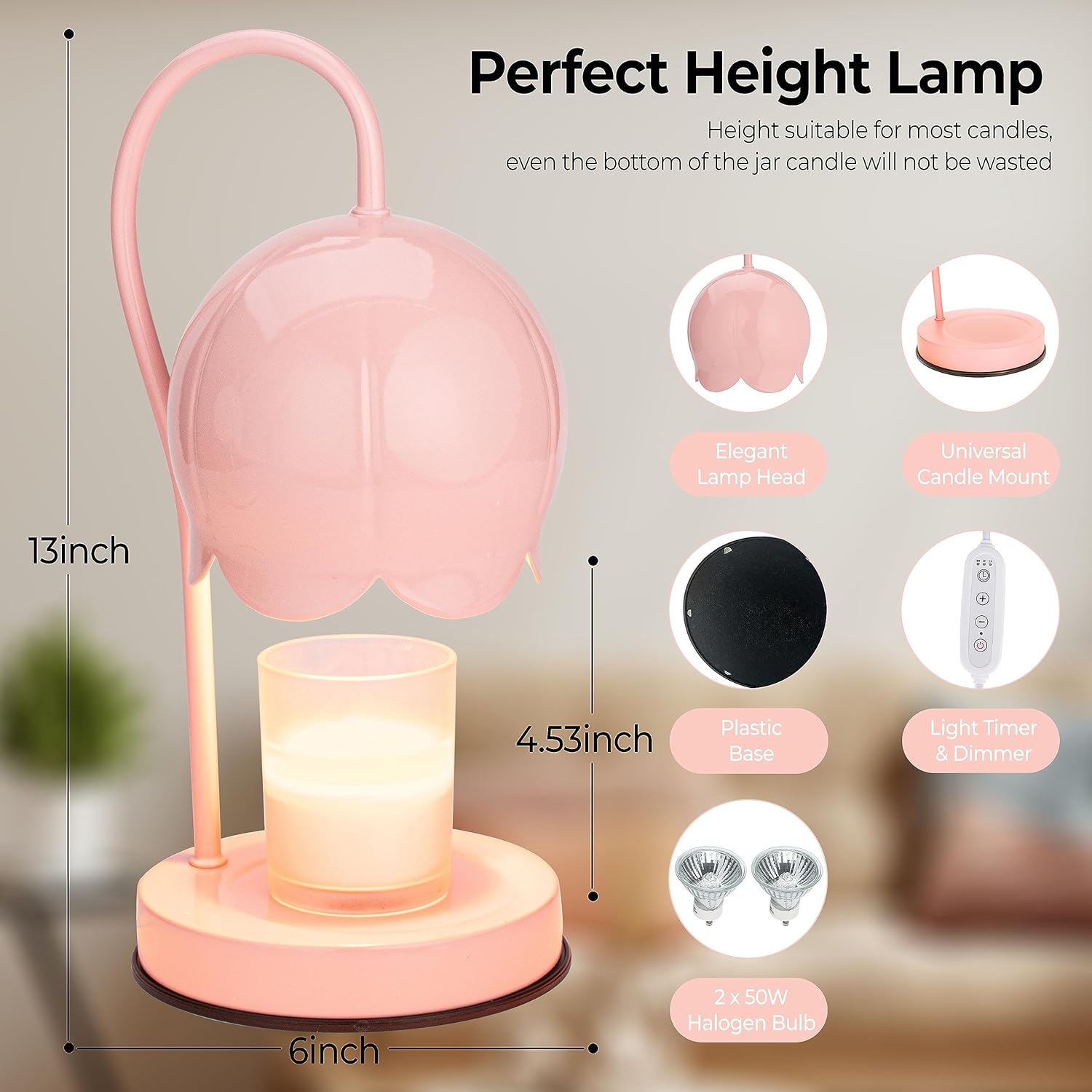 Lámpara calentadora de velas regulable con temporizador, calentador eléctrico de cera de velas con 2 bombillas, estética moderna, contemporánea,