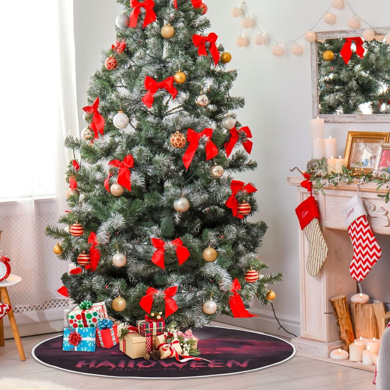 Mystical Illustration Fog Christmas Trees Skirt, Christmas Tree Decorations Skirt, 35.4 in Machine Washable Tree Skirt, Holiday Decor