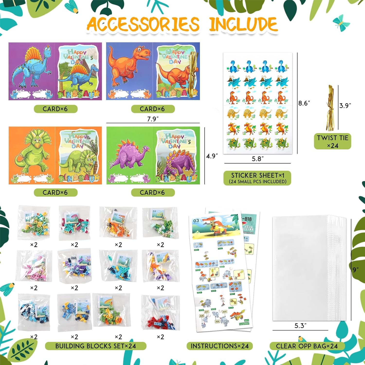 YOYOJOY Regalos del día de San Valentín para niños, 24 paquetes de bloques de construcción de dinosaurios con tarjetas del día de San Valentín,