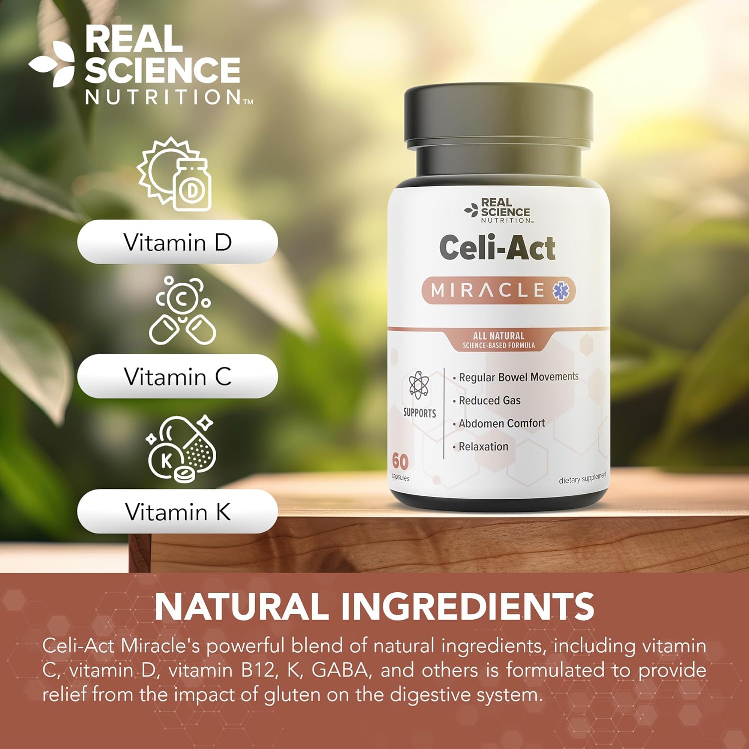 Real Science Nutrition Celi-Act Miracle es un suplemento natural para apoyar las molestias celíacas y la salud digestiva