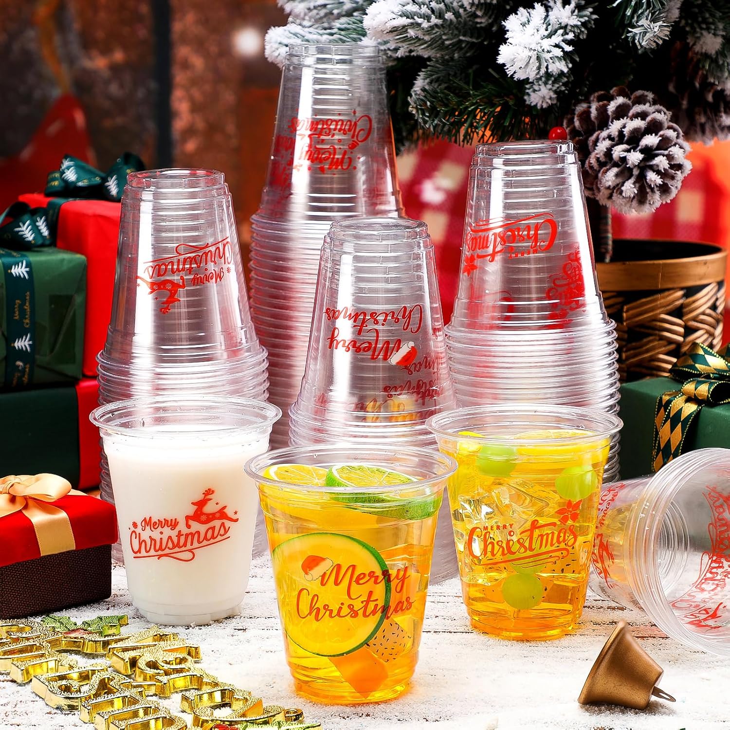 Dandat 100 vasos de Navidad de 12 onzas, vasos de plástico de Navidad, vasos desechables de Navidad, vasos desechables de Navidad, vasos de