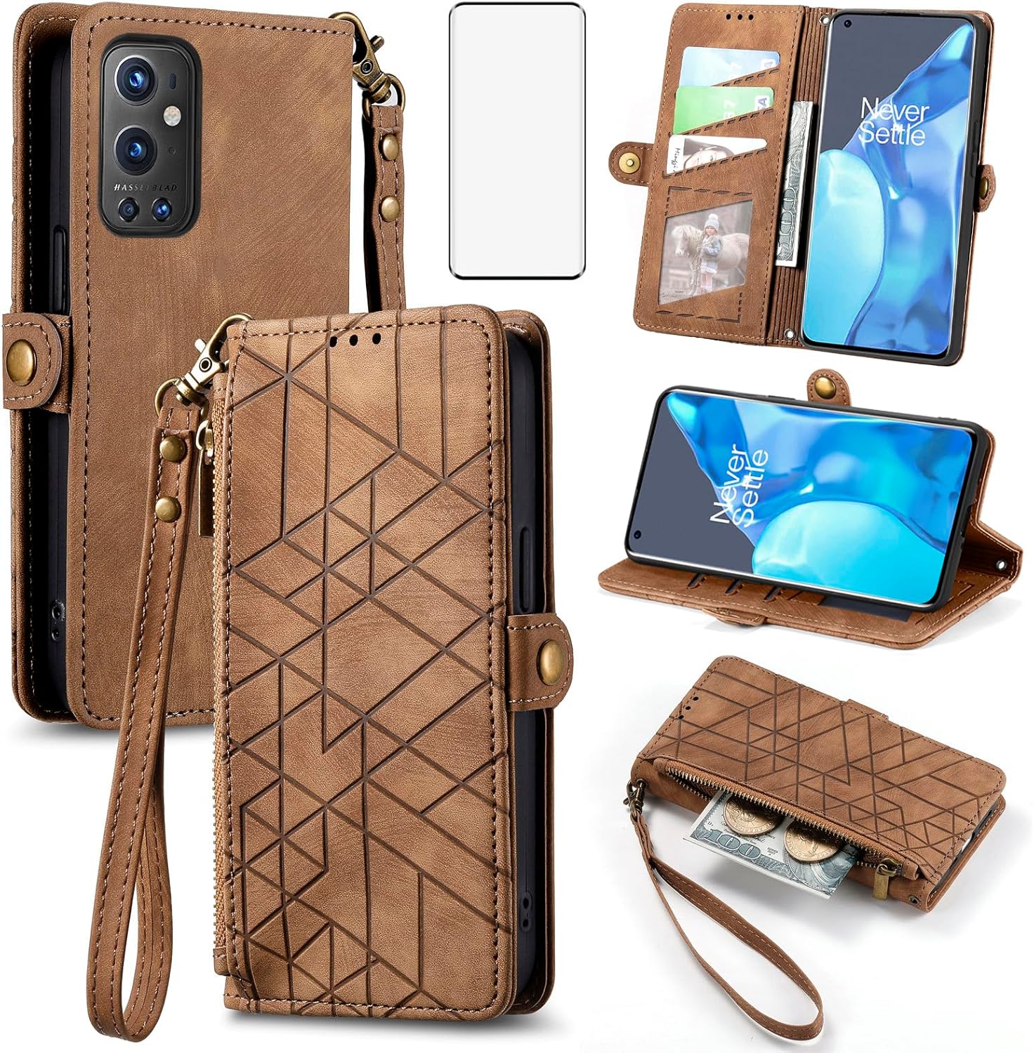 Asuwish Funda de teléfono para OnePlus 9 Pro One Plus 9Pro 5G Funda tipo cartera con protector de pantalla de vidrio templado y cremallera abatible