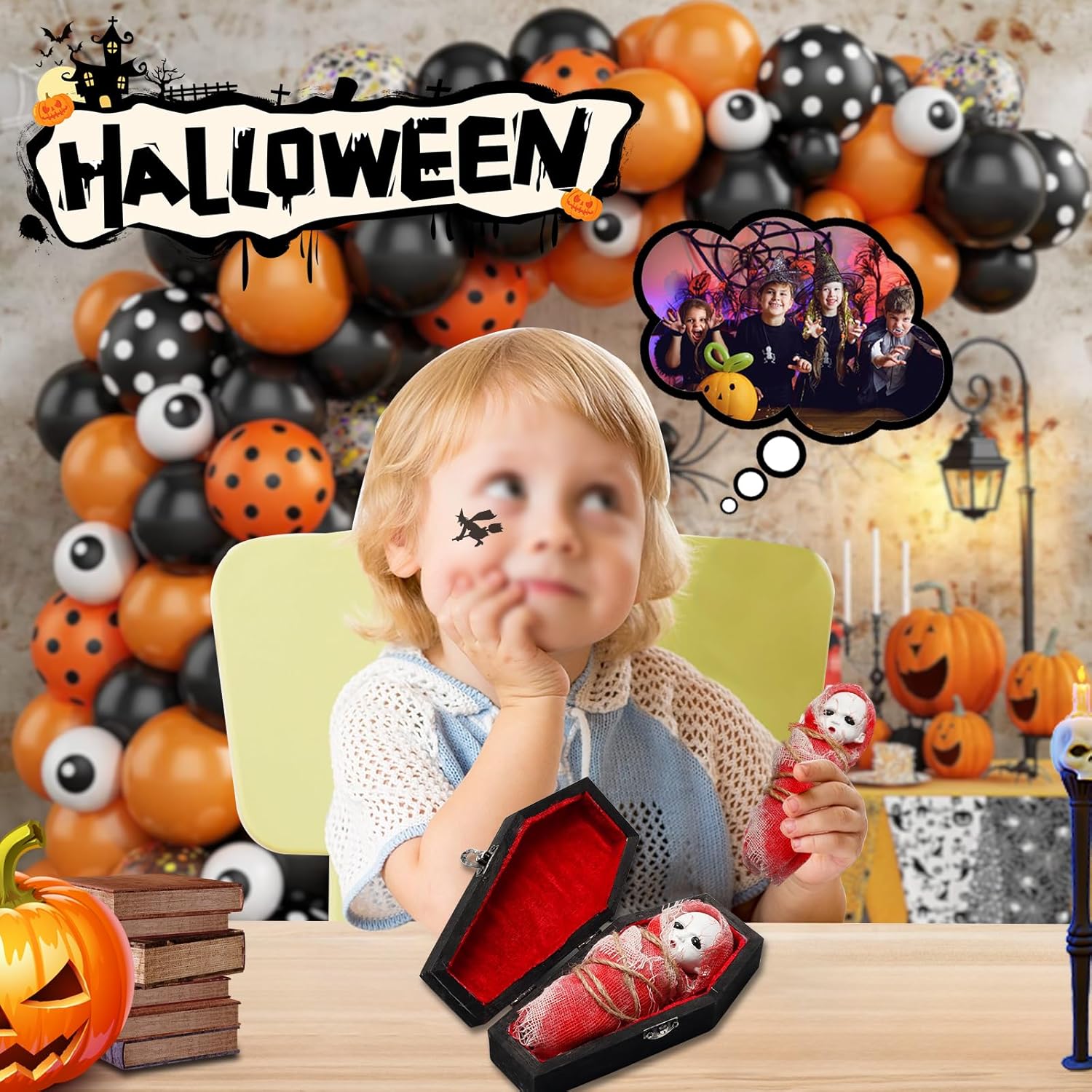 Decoración de Halloween esencial ataúd de madera pintada en negro, mini caja de ataúd de vampiro, muñeca fantasma, kit de bricolaje para crear tu