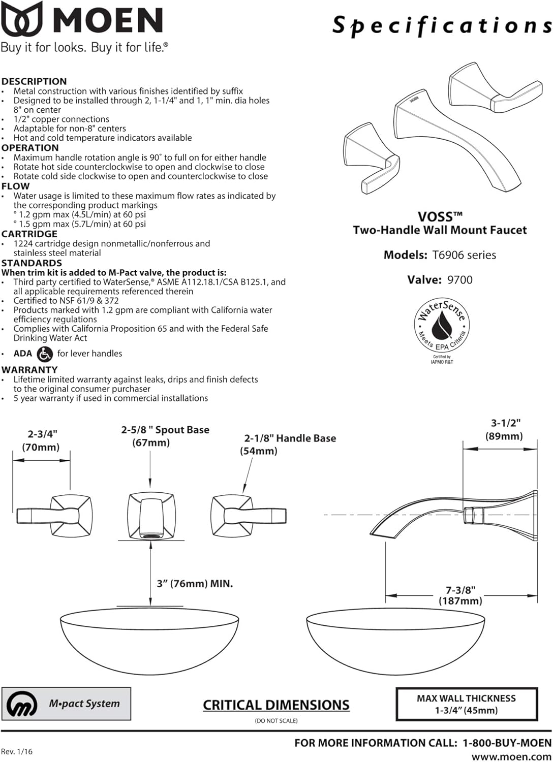 Moen T6906NL Voss – Grifo de baño con dos manijas para montaje en pared, requiere válvula, níquel pulido