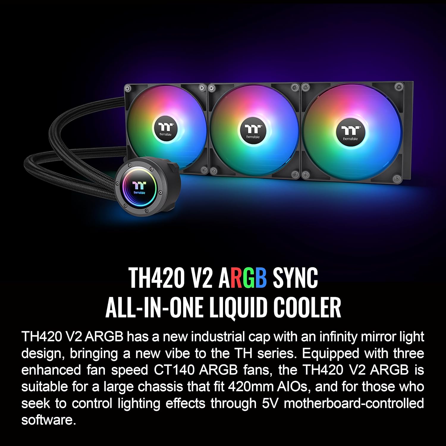 Thermaltake TH420 ARGB Sync V2 – Enfriador líquido de CPUEnfriamiento líquido ALO, ventilador 5.512 in* 3PWM 500  2000 RPMbloque de agua espejoMB