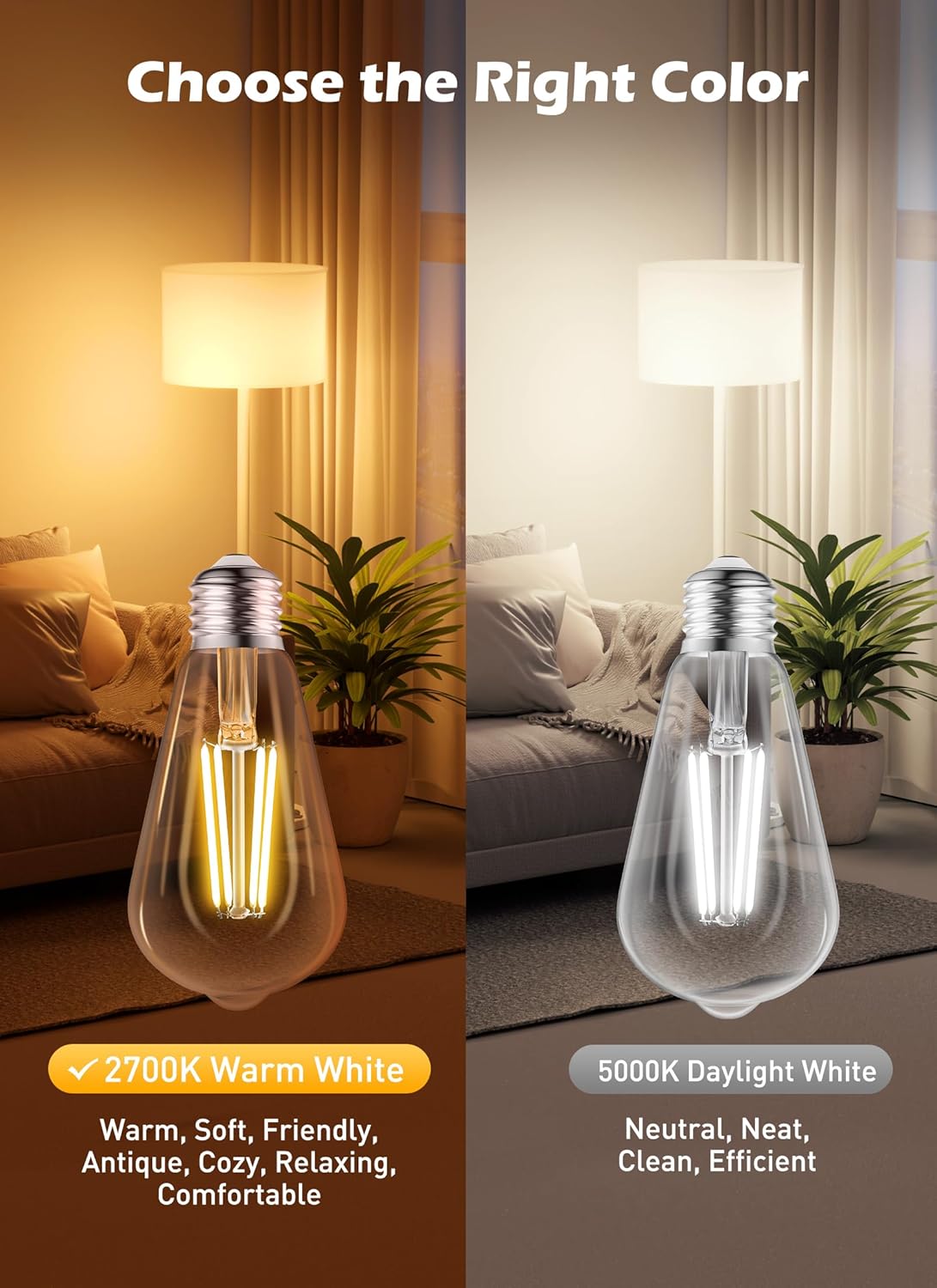 Paquete de 4 bombillas LED Edison vintage equivalentes a 6 W, bombillas de filamento LED antiguas con CRI de 80+, base media E26, blanco cálido 2700