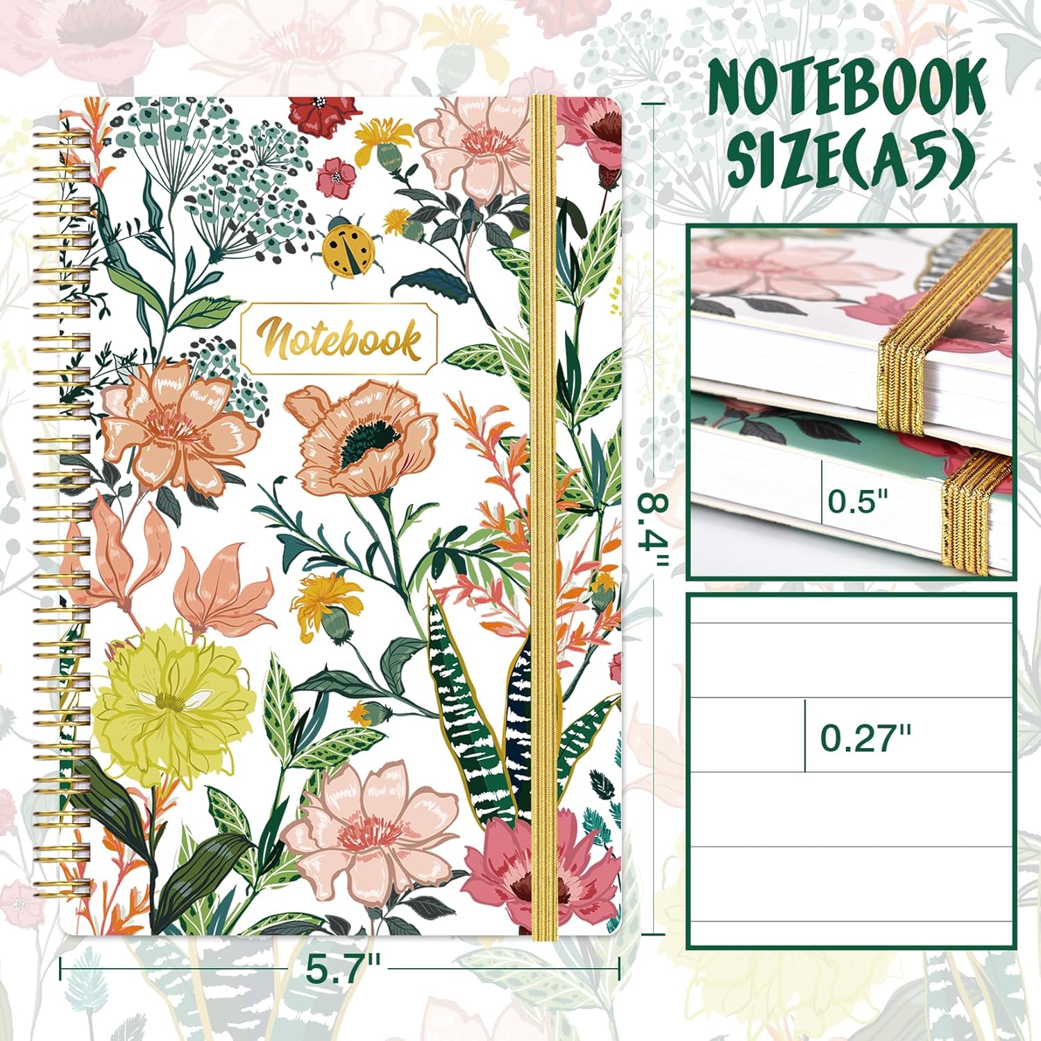 Cuaderno de espiral, paquete de 3 cuadernos de espiral rayados A5, 5.7 x 8.4 pulgadas, 3 x 160 páginas, cuaderno de rayas universitarias, cuaderno