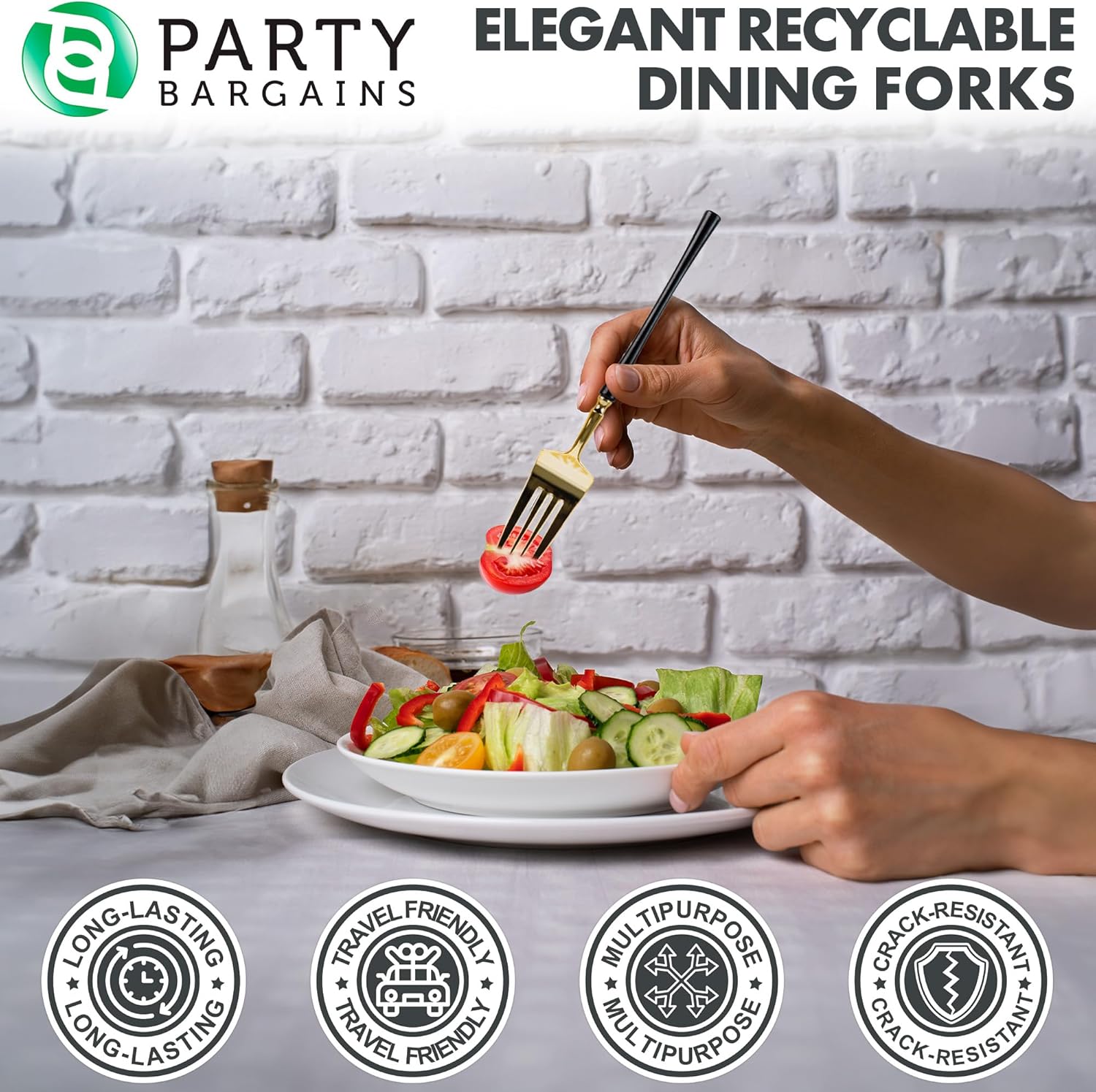 Party Bargains Tenedores desechables de plástico para cena, 20 unidades, negro y dorado, cubiertos de cocina de diseño moderno infinito, perfectos