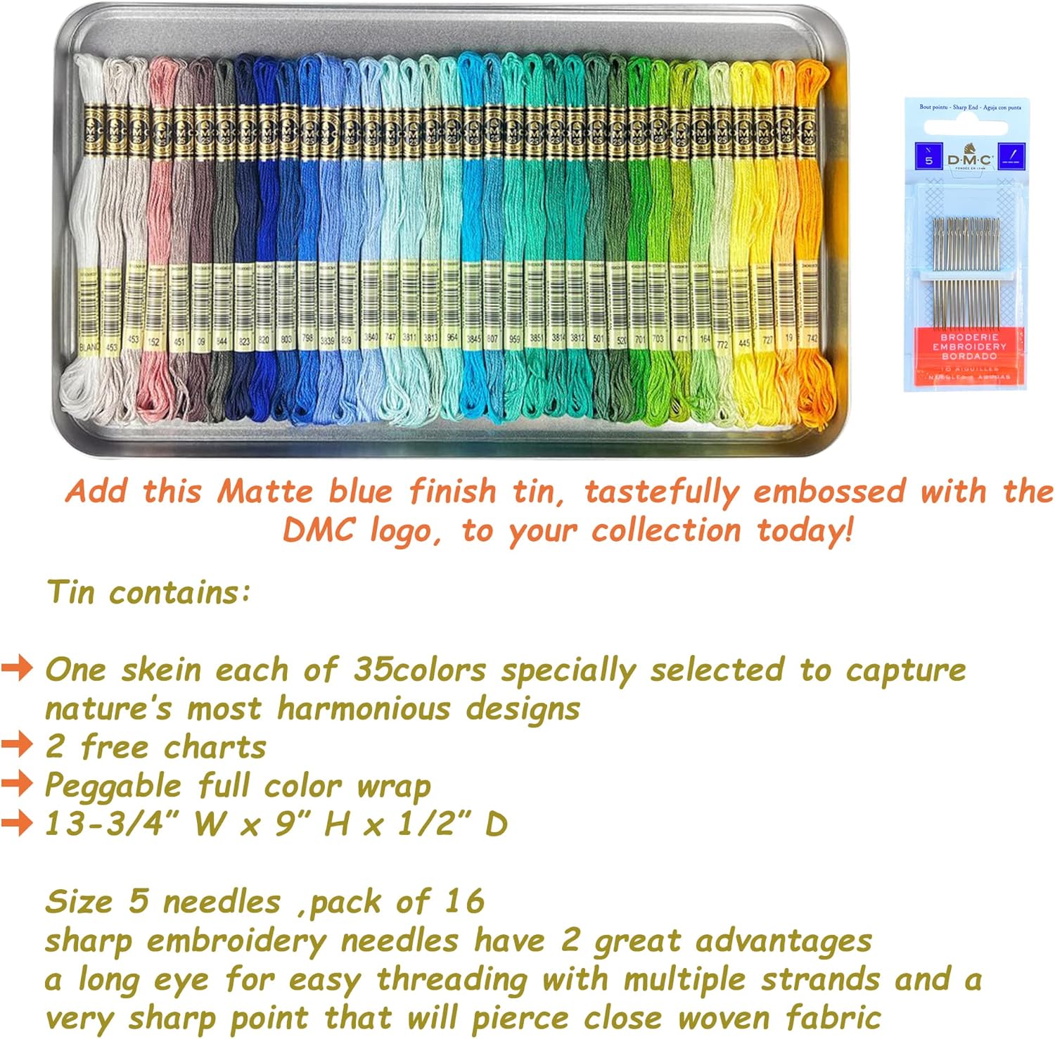 Hilo de bordado DMC, colección escénica de estaño, 35 colores, paquete surtido de hilos de bordado de algodón DMC con agujas de mano tamaño 5.