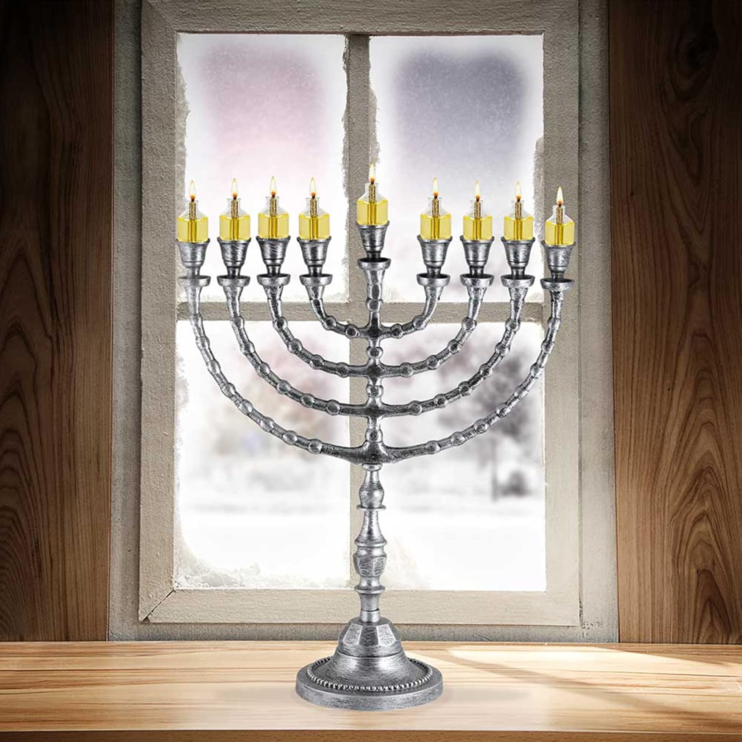 Menorá tradicional extra grande de Janucá para uso con velas gruesas de Shabat o vasos de aceite, Janucá Minorah de aspecto antiguo, para Shul,