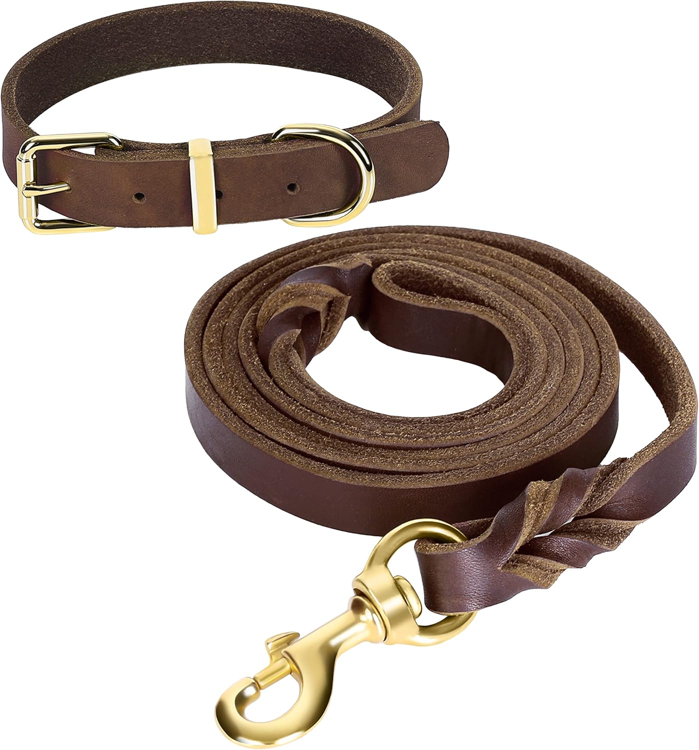 Guiding Star Juego de correa y collar de cuero de 6 pies, correa de perro de cuero trenzado suave de 6 pies con collar de perro ajustable, juego de