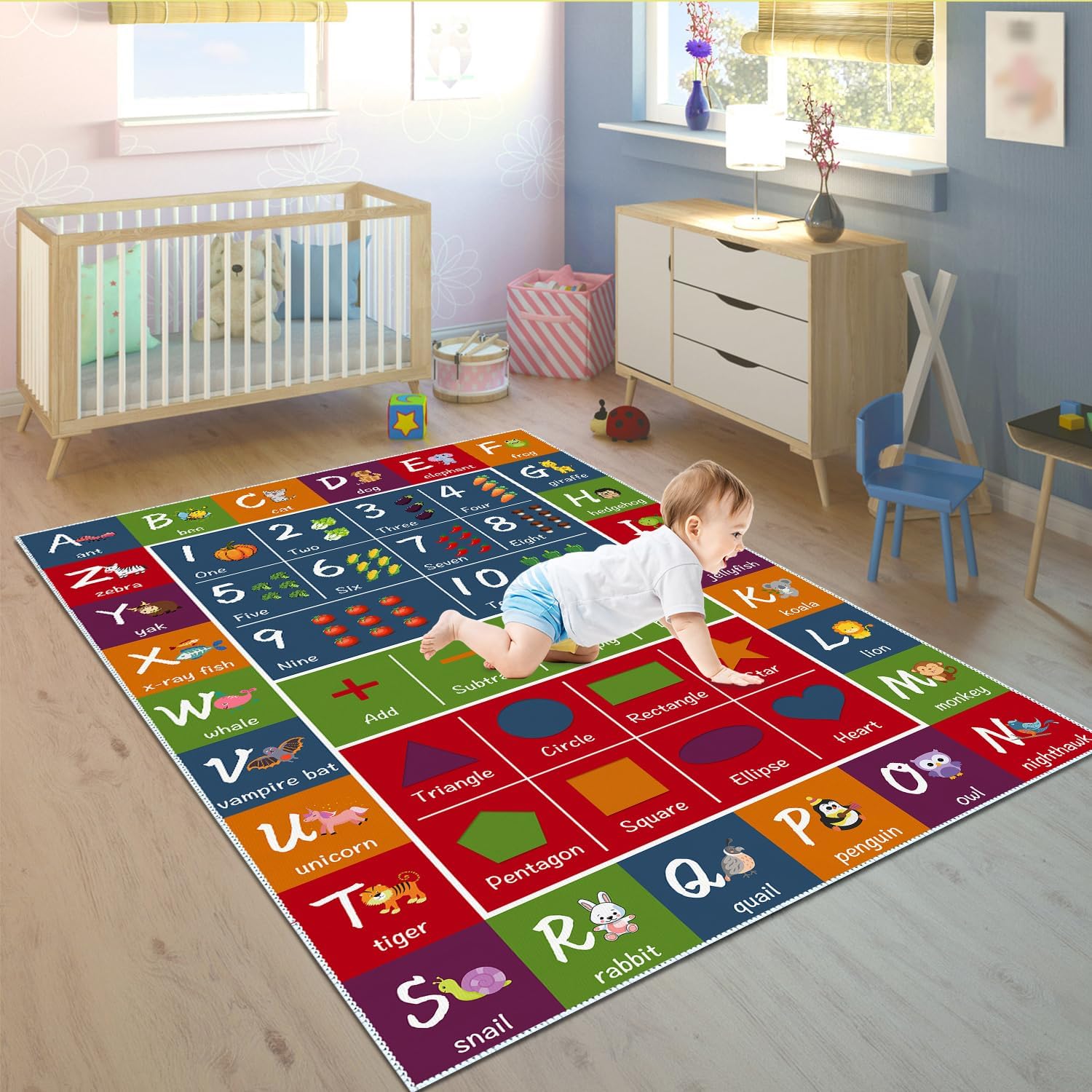 SAMESIEG Alfombra educativa ABC para niños, con forma de símbolo del alfabeto con patrón de animales y verduras, tapete antideslizante para