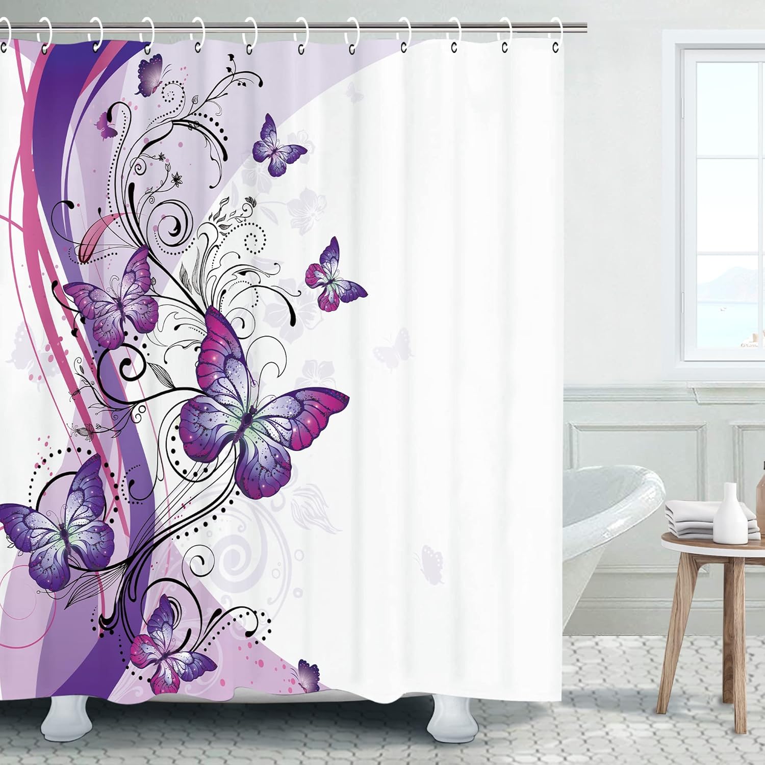 LIVILIAN – Cortina de ducha de mariposa con ganchos, cortina de ducha floral en remolino, cortinas de ducha de mariposa para baño, lavable a
