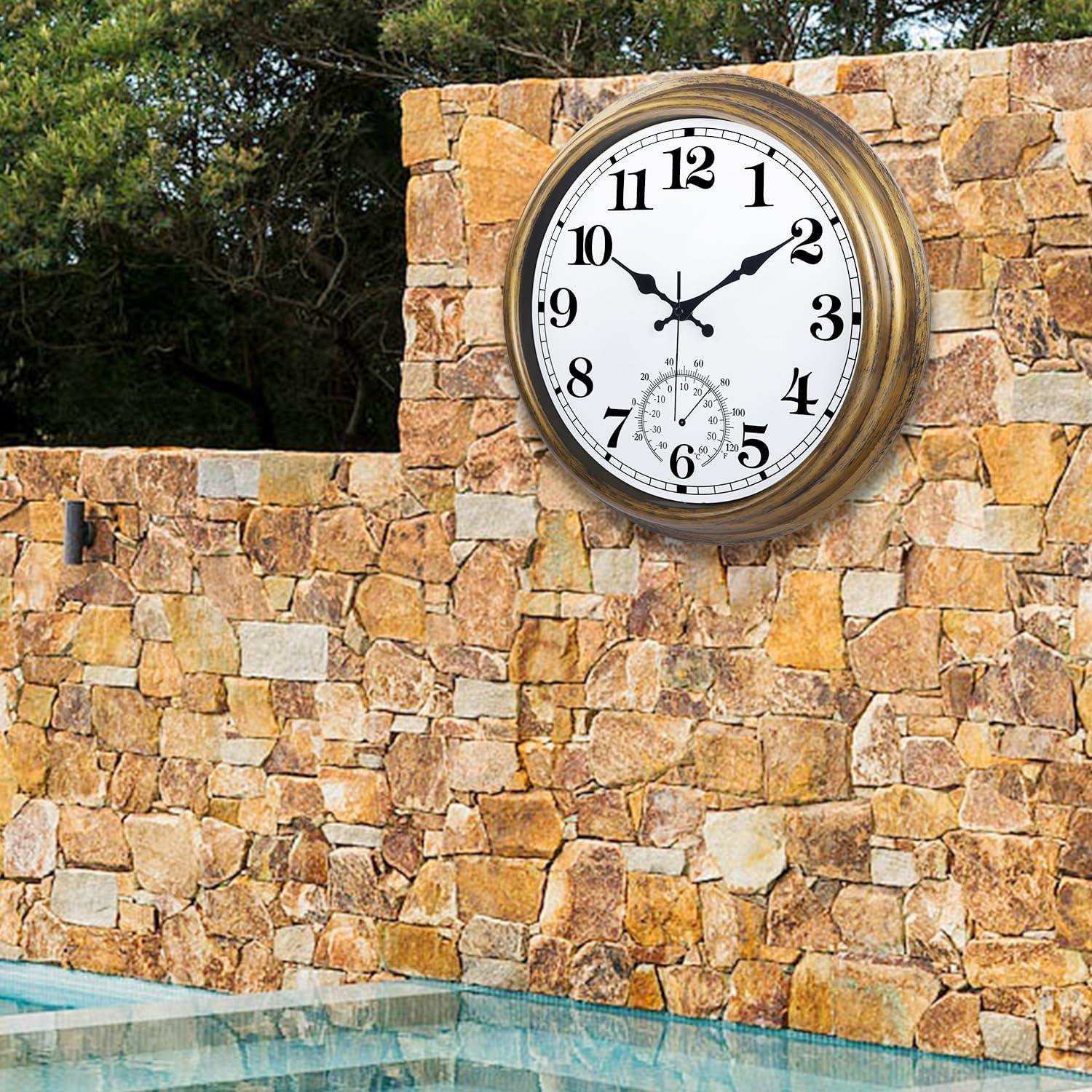 Reloj grande de 16 pulgadas para exteriores, reloj retro impermeable para interiores y exteriores, reloj sin tictac con termómetro, reloj de pared a