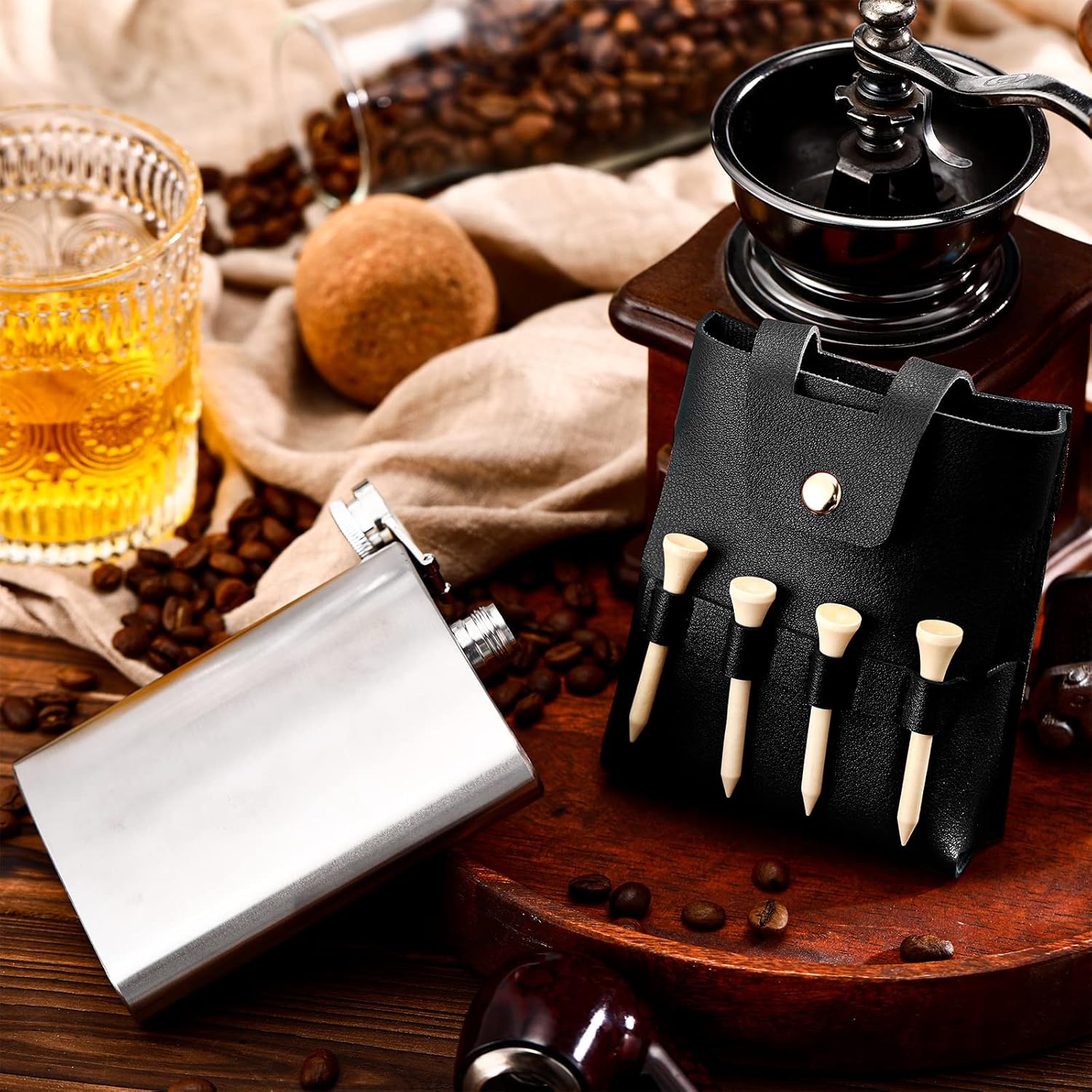 Set de regalo de botella de golf de acero inoxidable de 7 onzas con funda de cuero, accesorios de golf para hombres y mujeres, incluye frascos,