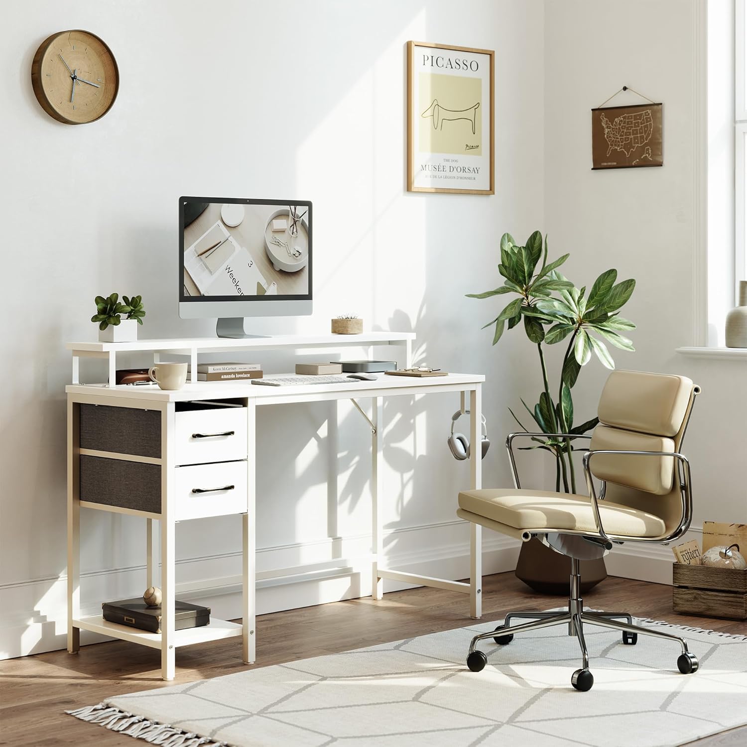 CubiCubi Morden – Escritorio para computadora de 47 pulgadas con cajones y soporte para monitor, escritorio de oficina en casa con almacenamiento,