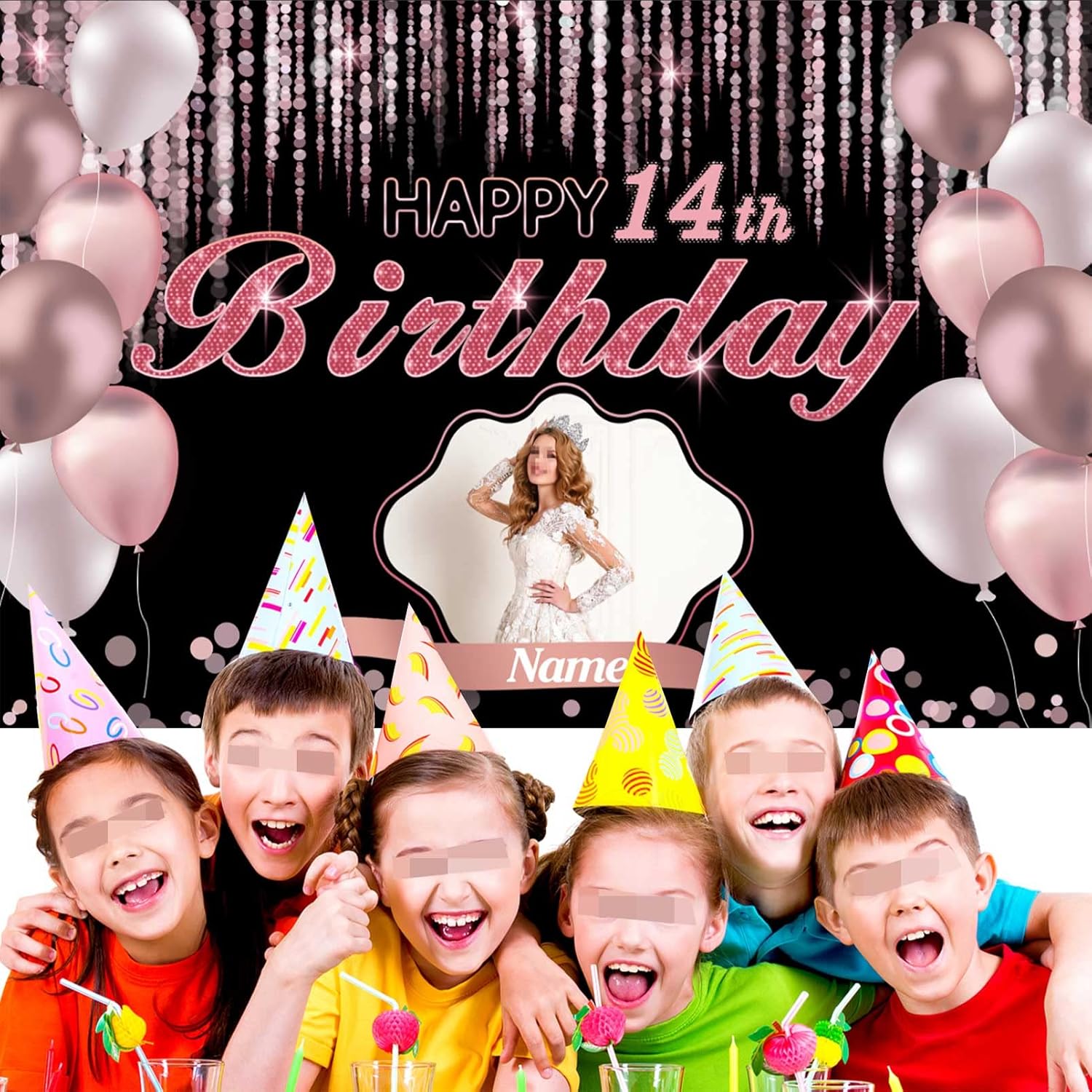 Cartel de decoración de feliz cumpleaños número 14 de oro rosa, tamaño grande, personalización con nombre y foto compatible