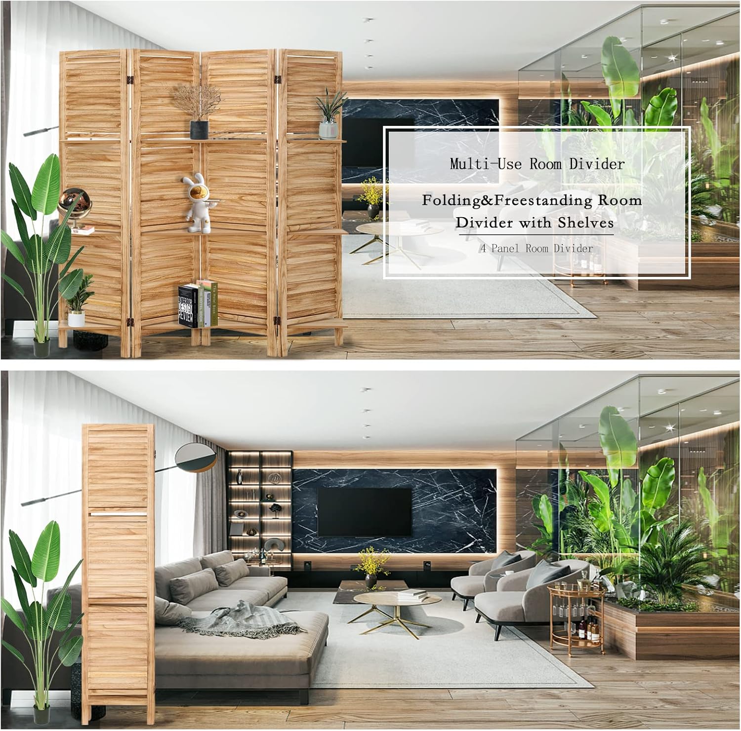 Babion Divisor de habitación con estantes, separadores de habitación de 5.6 pies, 4 paneles, separadores de habitación de madera y pantallas