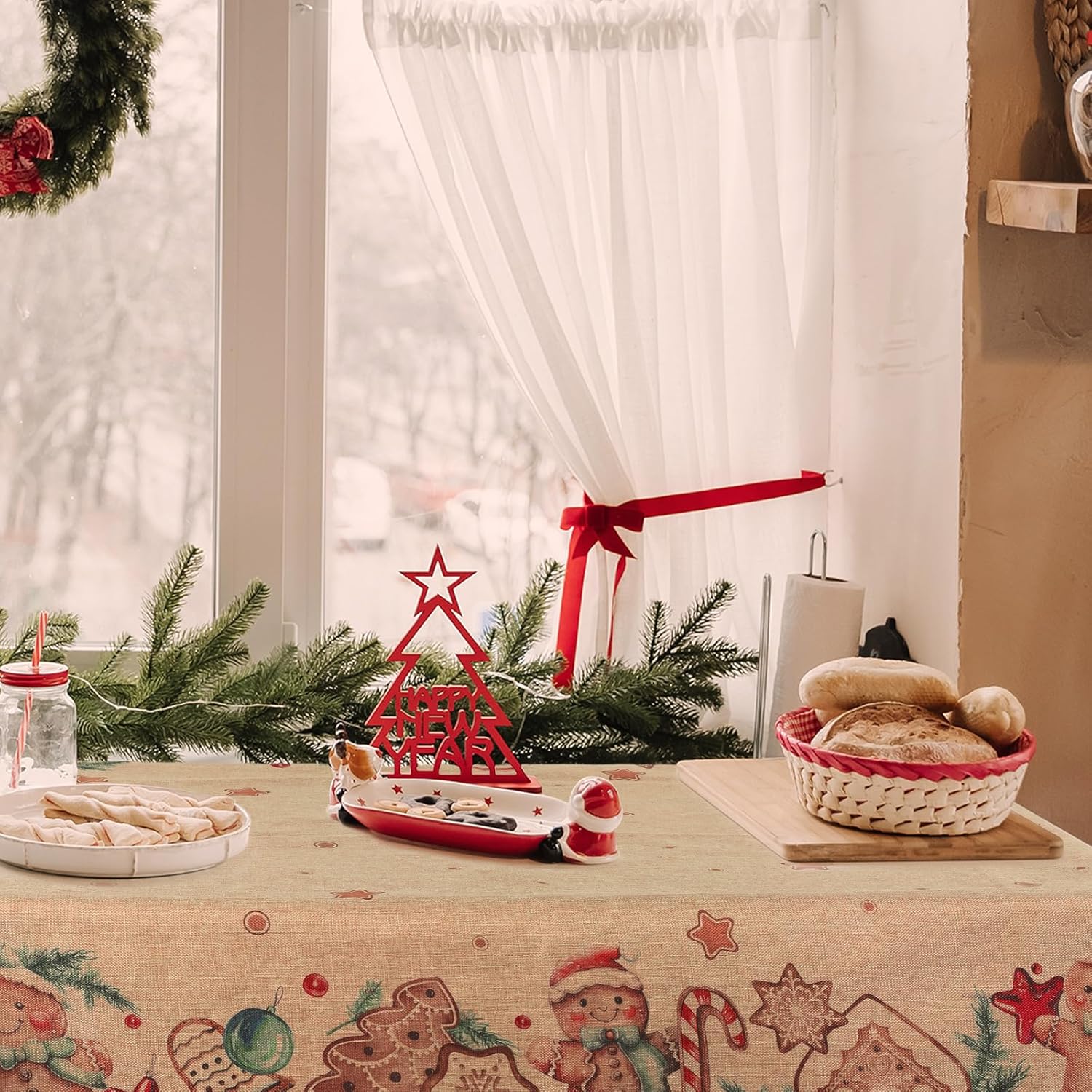 Ganeen Mantel de arpillera de Navidad natural rústico de 52 x 70 pulgadas, mantel rectangular de arpillera marrón de yute para fiesta de invierno,