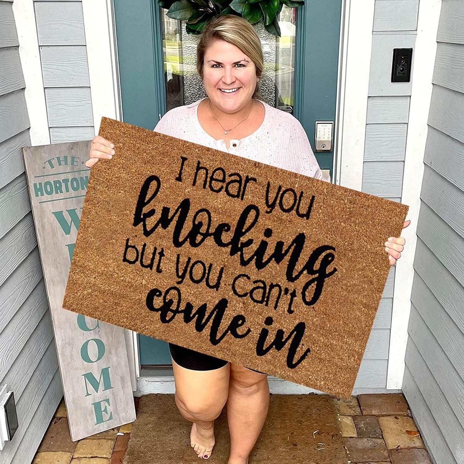 Felpudo para exteriores con texto en inglés “I Hear You Knocking But You Can’t Come In”, divertido felpudo para interiores y exteriores, para puerta