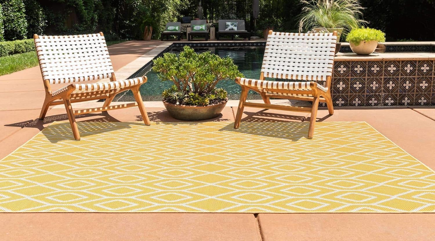 Jill Zarin Outdoor Collection – Alfombra rectangular de 3 pies 3 pulgadas x 5 pies 3 pulgadas, color amarillo marfil y marfil