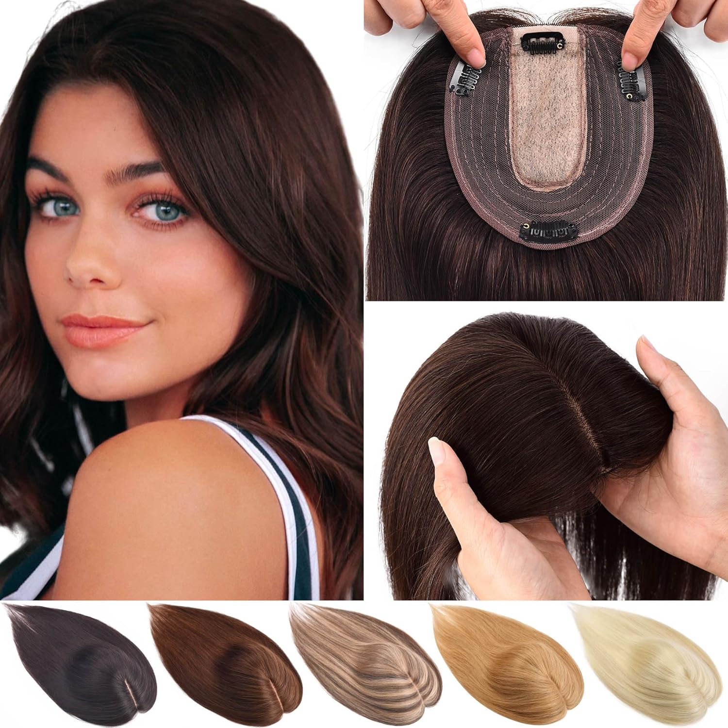 JGS1996 Extensiones de cabello humano real para mujer, sin flequillo, con pelucas de cabello fino, 150% de densidad, base de seda, clip en piezas de